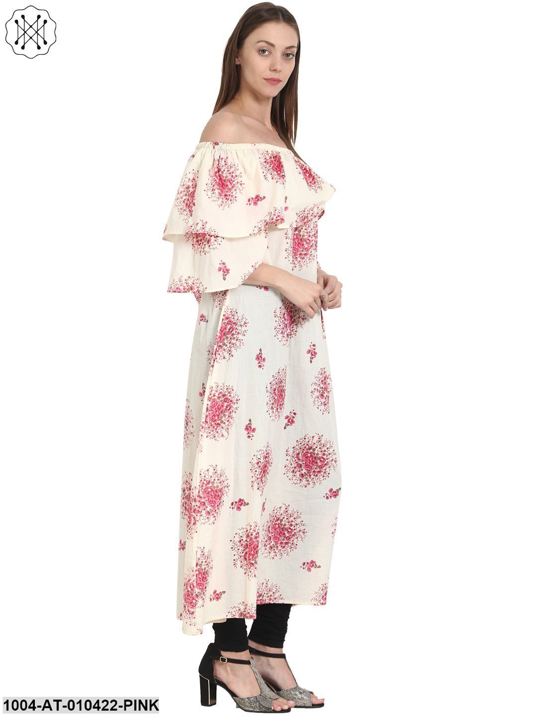 Women Printed Pink Short Sleeves Cowl Neck Cotton A-Line Kurta - Image 4