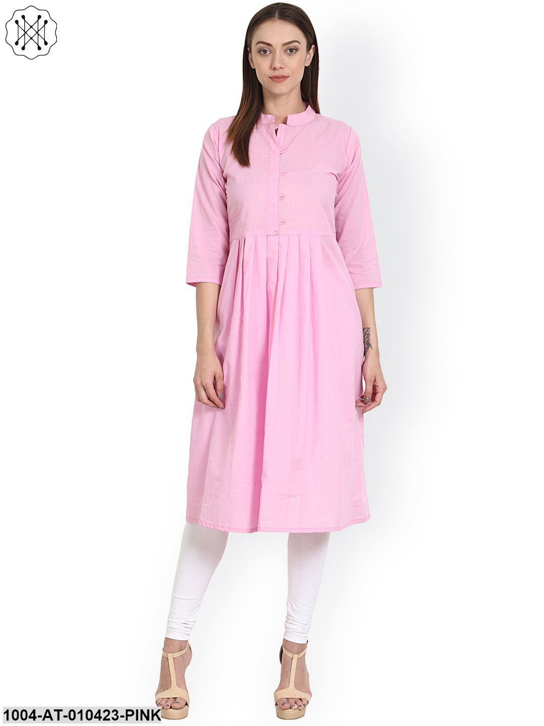 Women Printed Pink Three-Quarter Sleeves Mandarin Collar Cotton Anarkali Kurta - Image 3