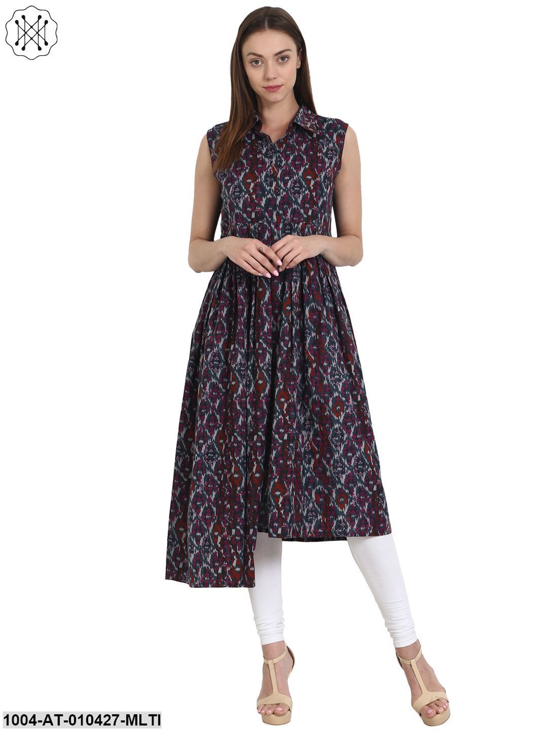 Women Printed Multi Sleeveless Shirt Collar Cotton Anarkali Kurta - Image 3