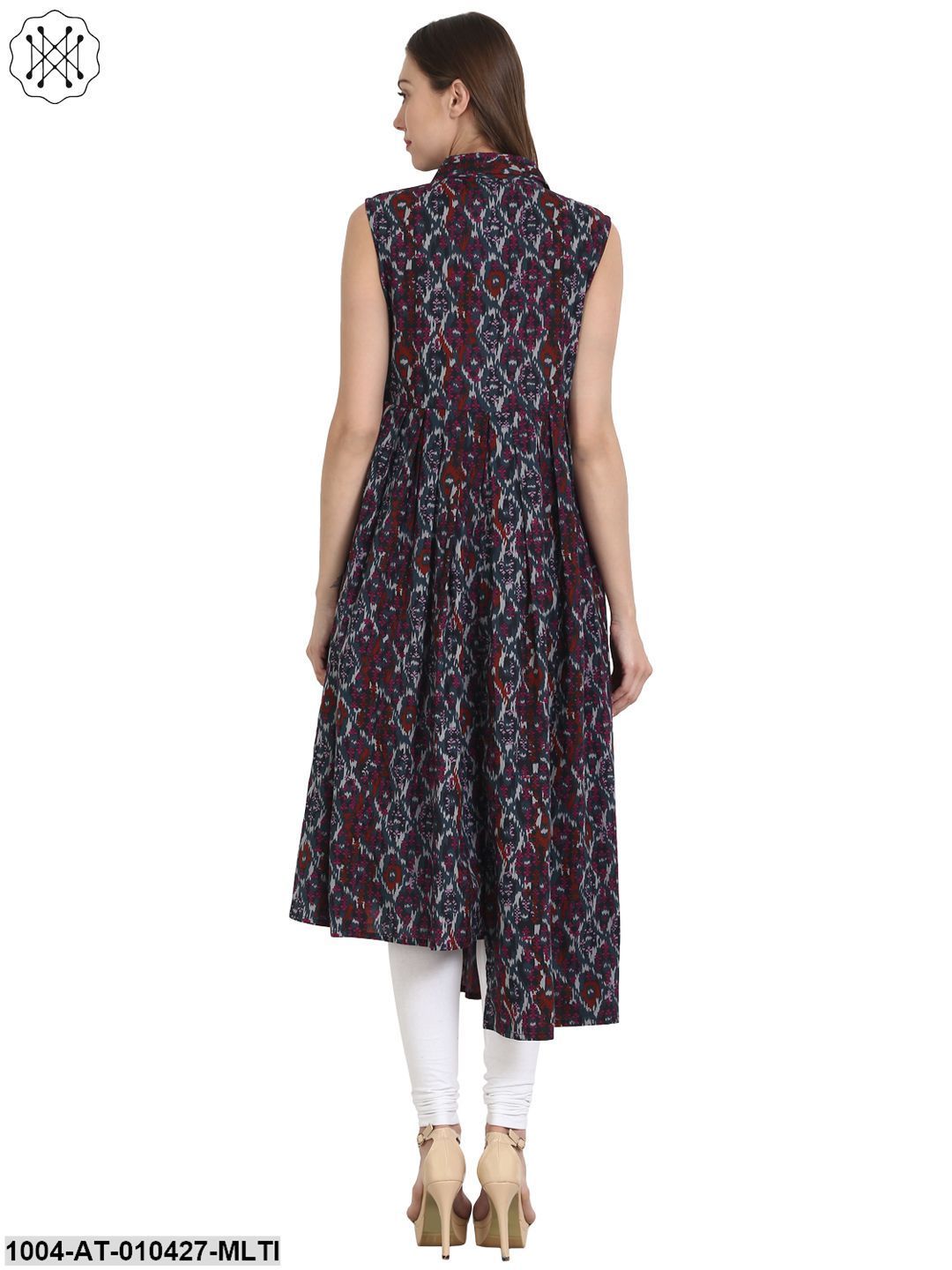 Women Printed Multi Sleeveless Shirt Collar Cotton Anarkali Kurta - Image 2