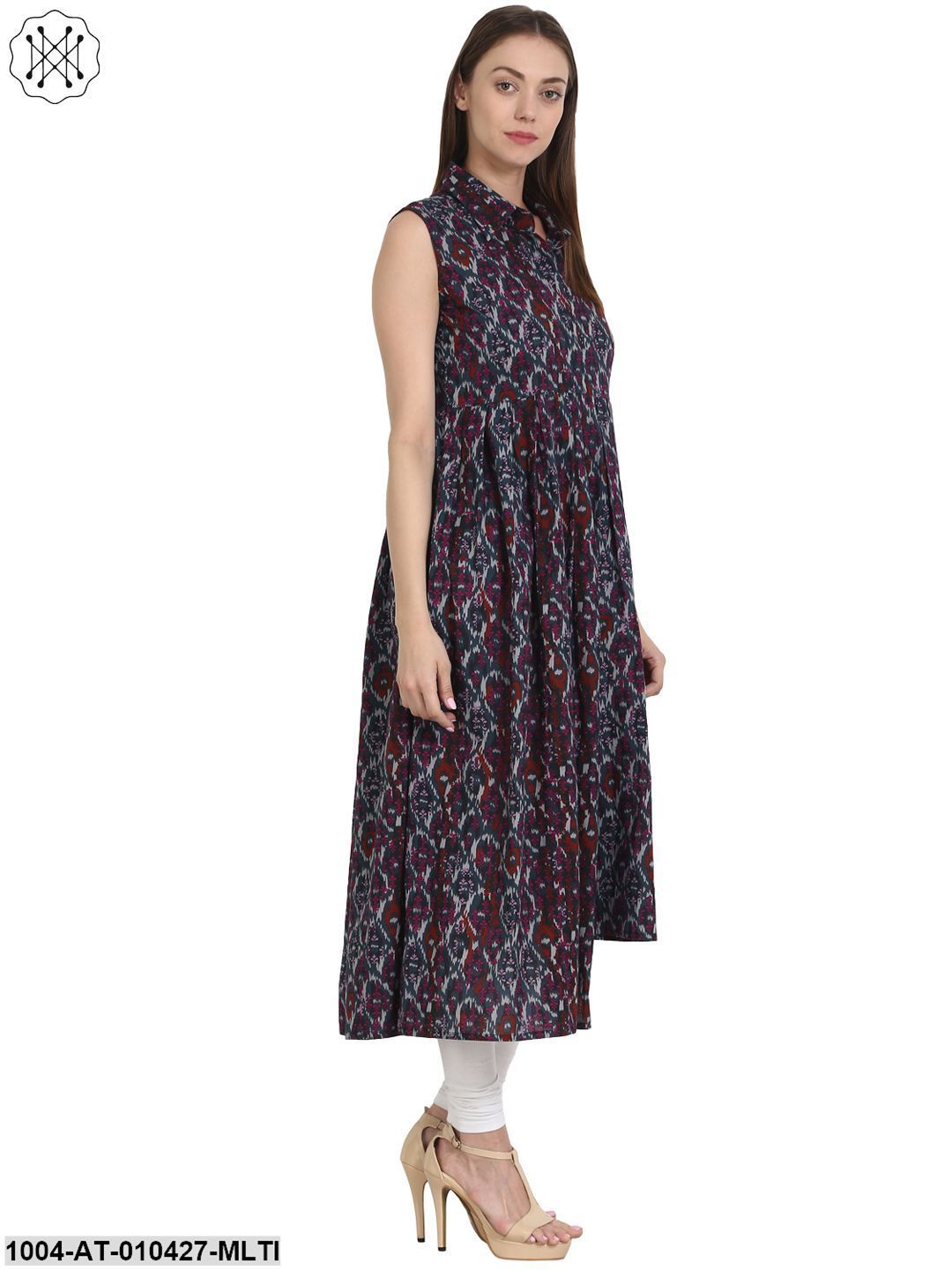 Women Printed Multi Sleeveless Shirt Collar Cotton Anarkali Kurta - Image 4