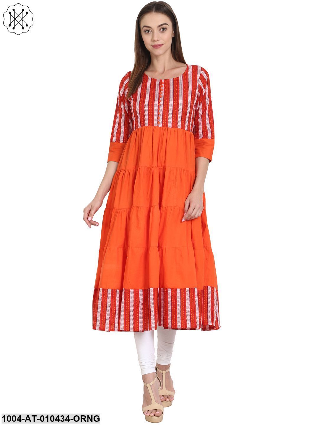 Women Printed Orange Three-Quarter Sleeves Round Neck Cotton Anarkali Kurta - Image 3