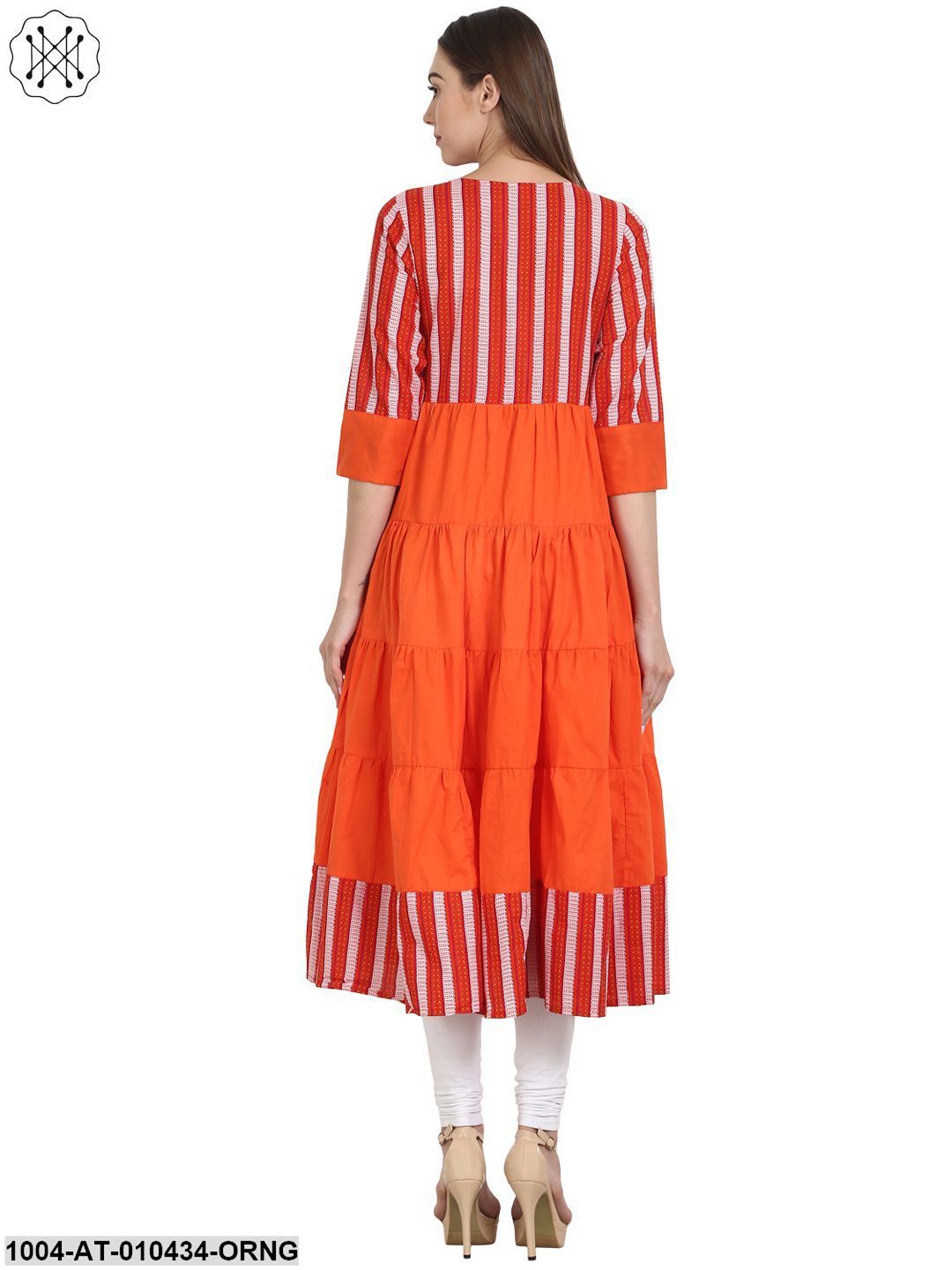 Women Printed Orange Three-Quarter Sleeves Round Neck Cotton Anarkali Kurta - Image 2