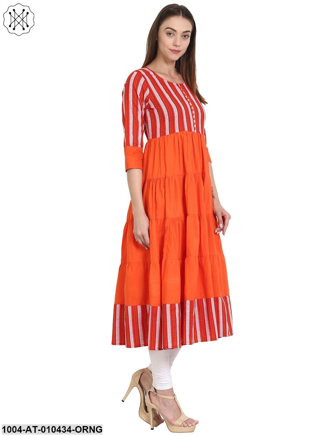 Women Printed Orange Three-Quarter Sleeves Round Neck Cotton Anarkali Kurta - Image 4