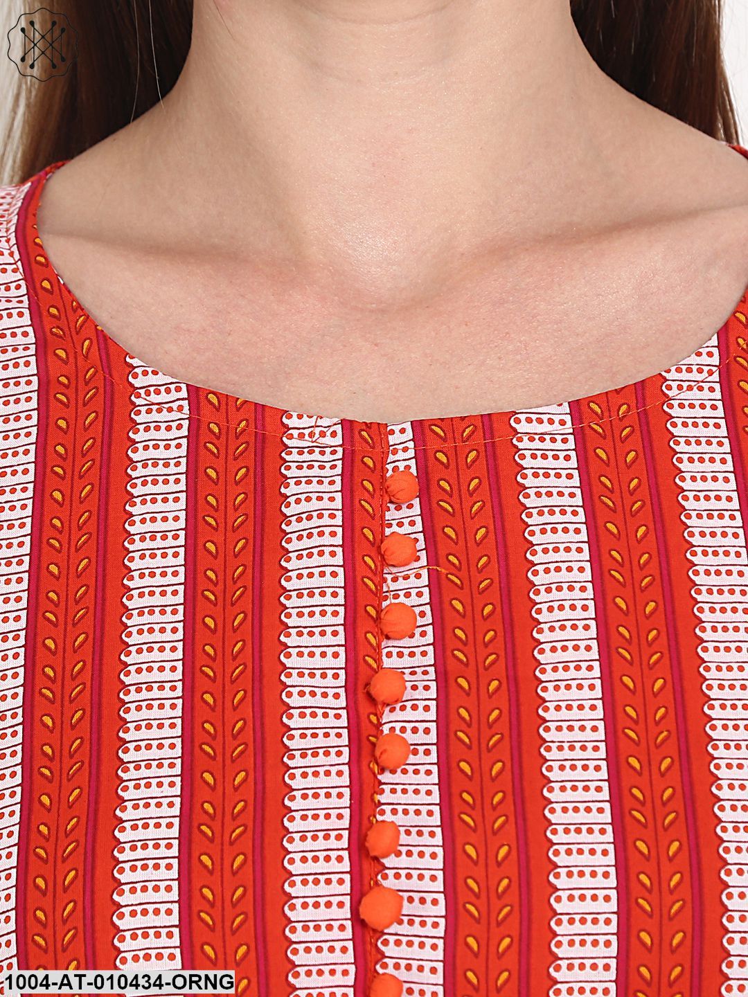 Women Printed Orange Three-Quarter Sleeves Round Neck Cotton Anarkali Kurta - Image 5