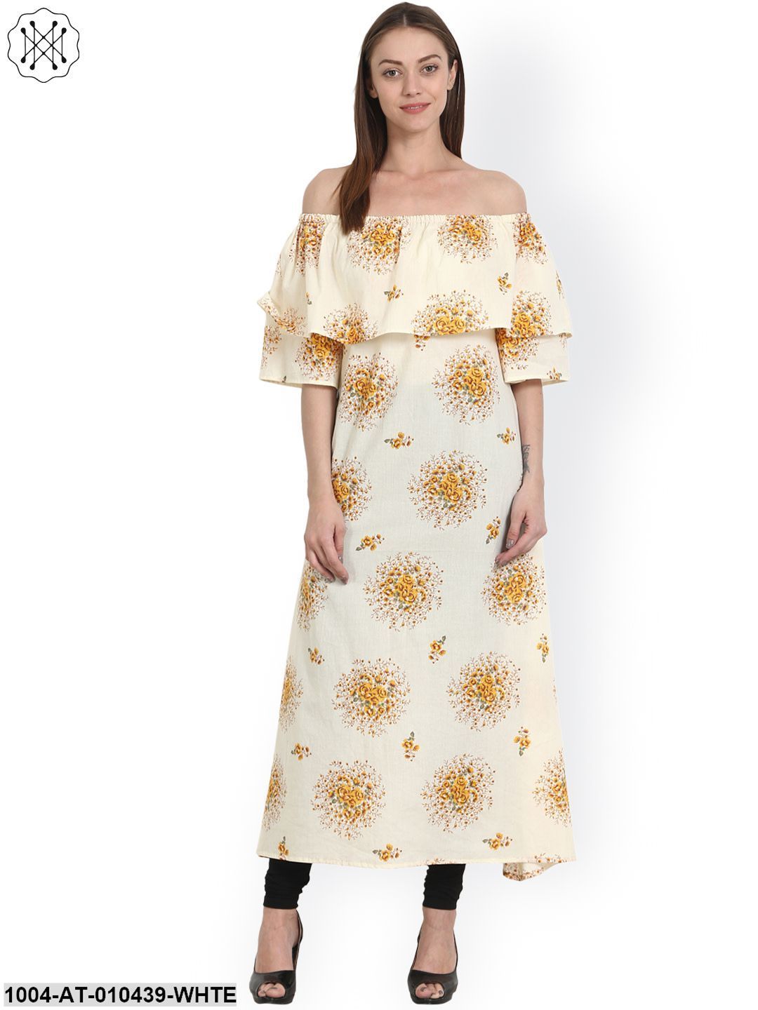 Women Printed White Short Sleeves Cowl Neck Cotton Straight Kurta - Image 3
