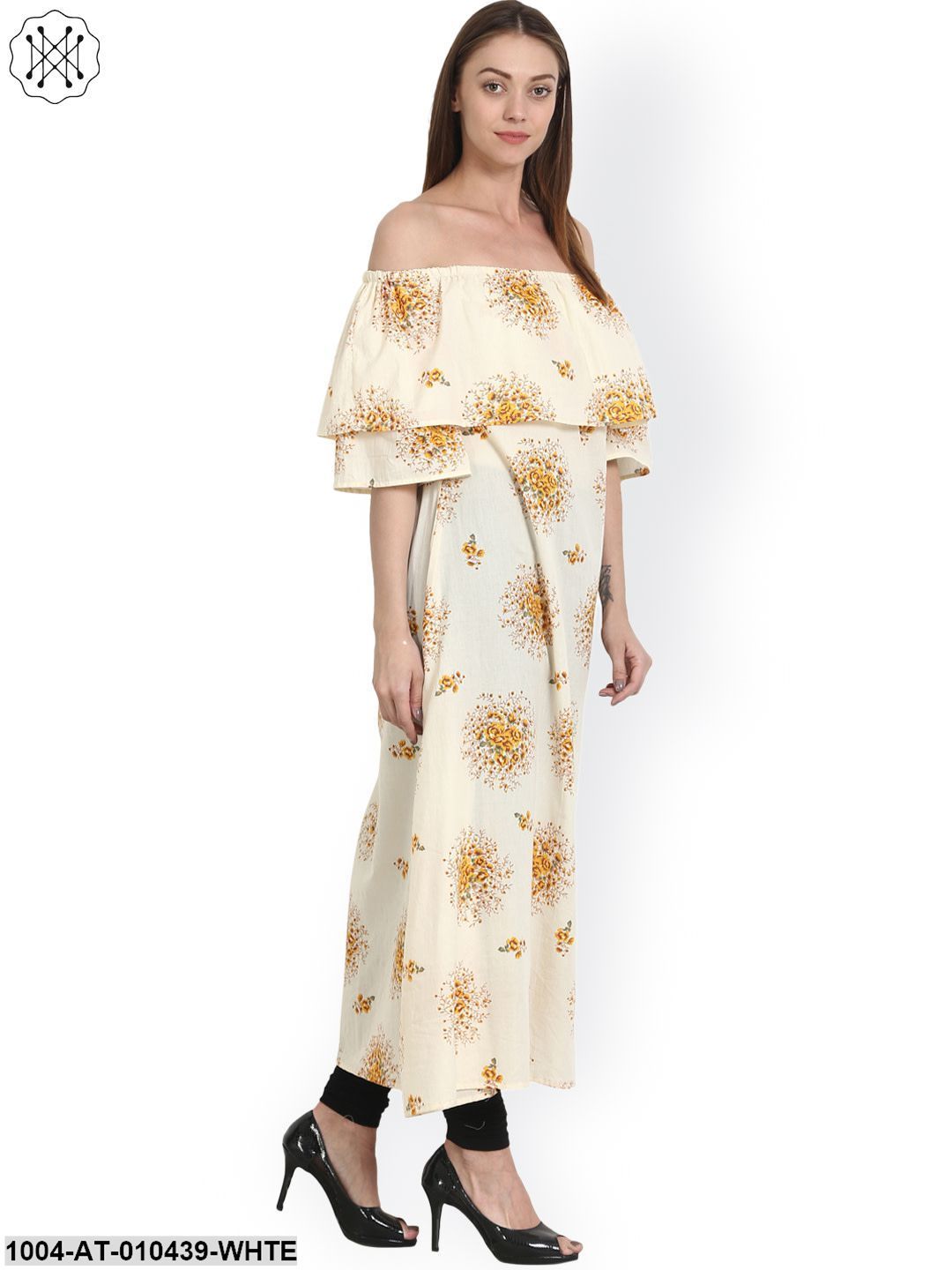 Women Printed White Short Sleeves Cowl Neck Cotton Straight Kurta - Image 2