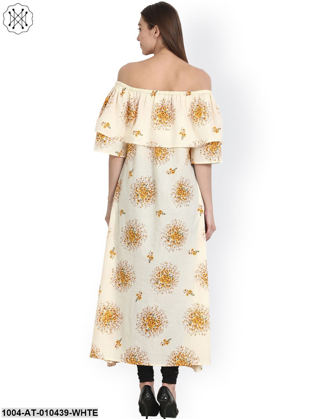 Women Printed White Short Sleeves Cowl Neck Cotton Straight Kurta
