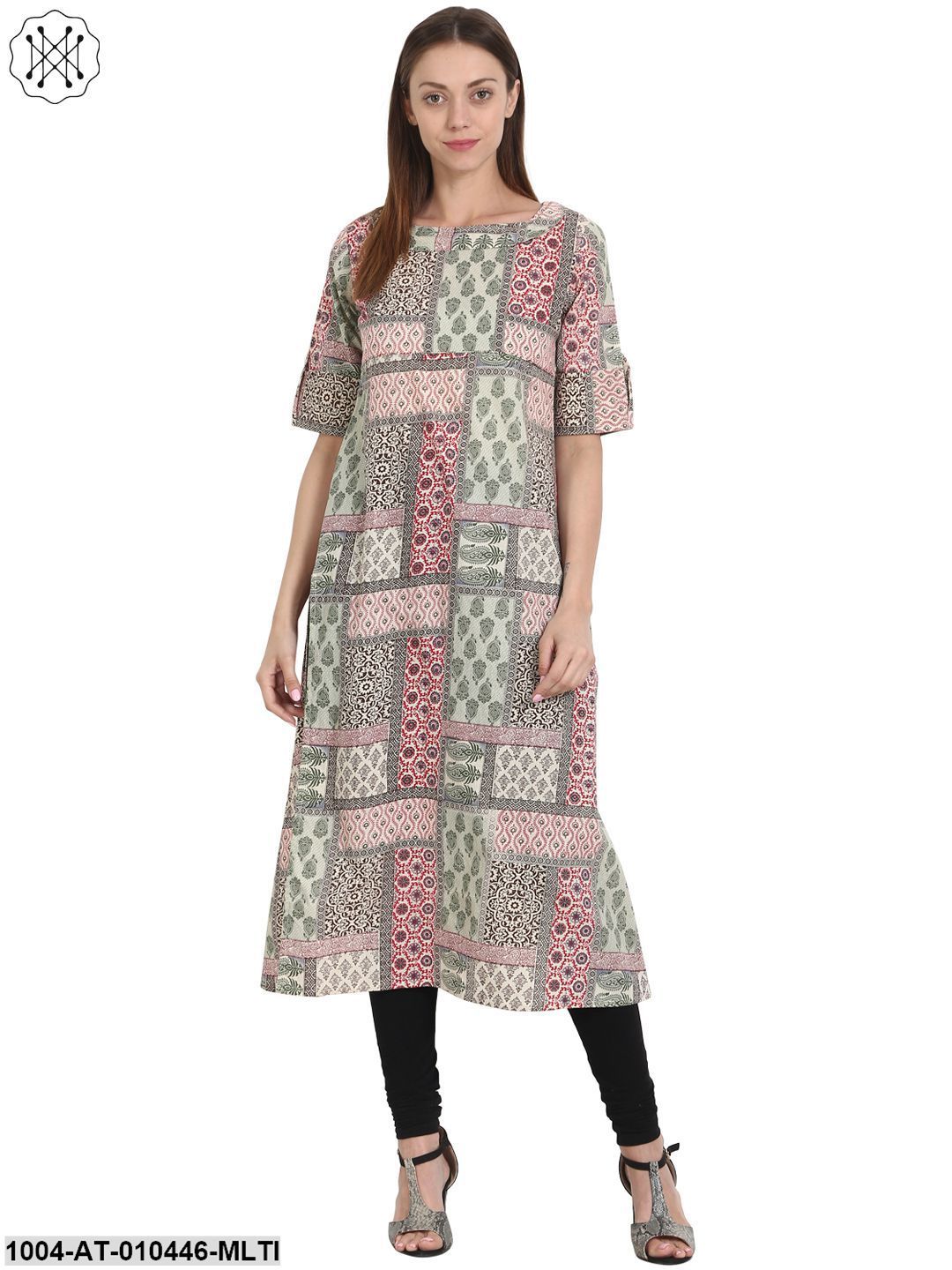 Women Printed Multi Short Sleeves Round Neck Cotton Straight Kurta - Image 3