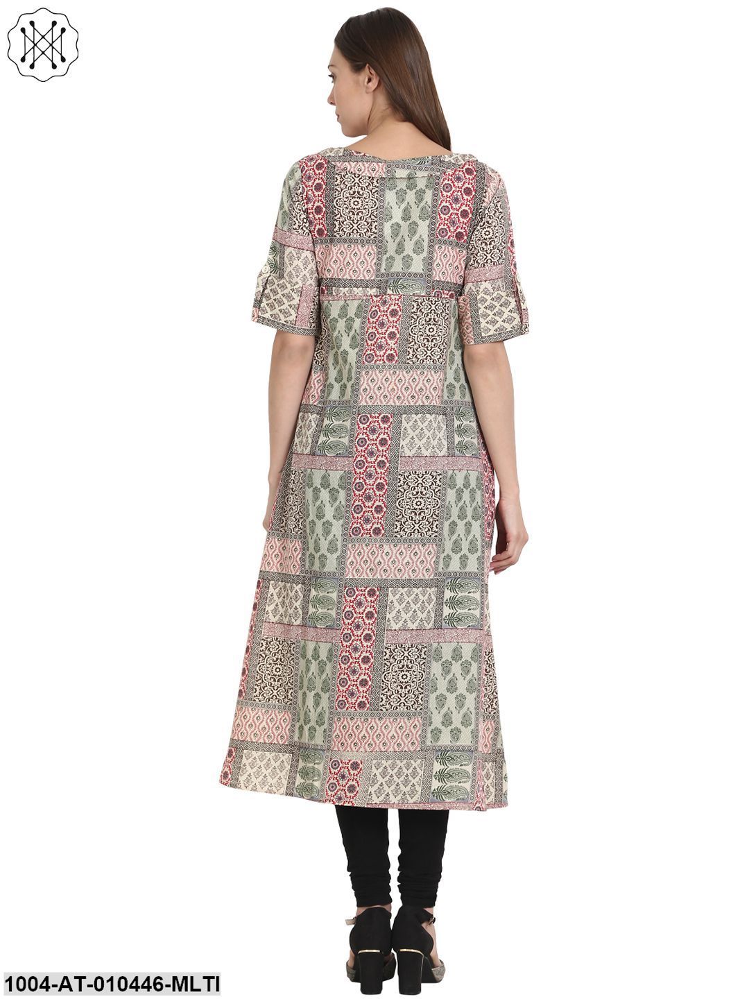 Women Printed Multi Short Sleeves Round Neck Cotton Straight Kurta - Image 2
