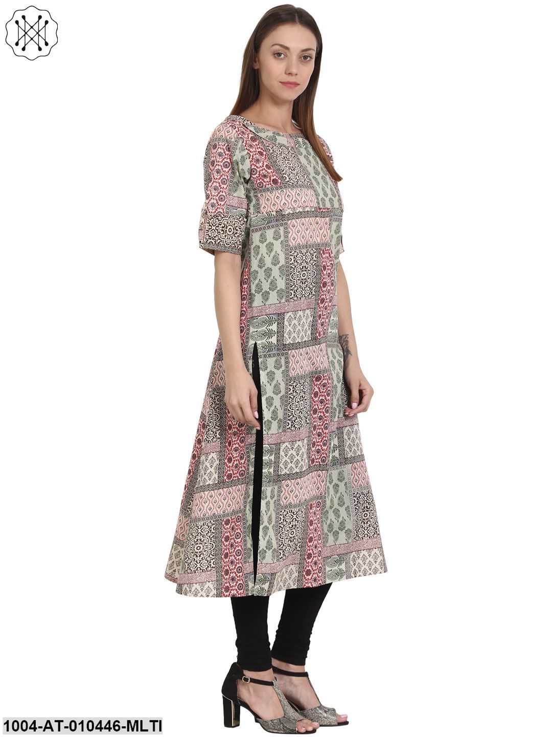 Women Printed Multi Short Sleeves Round Neck Cotton Straight Kurta - Image 4