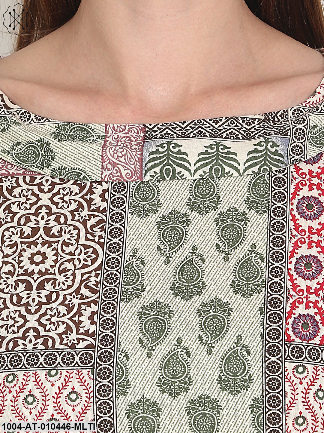 Women Printed Multi Short Sleeves Round Neck Cotton Straight Kurta - Image 5