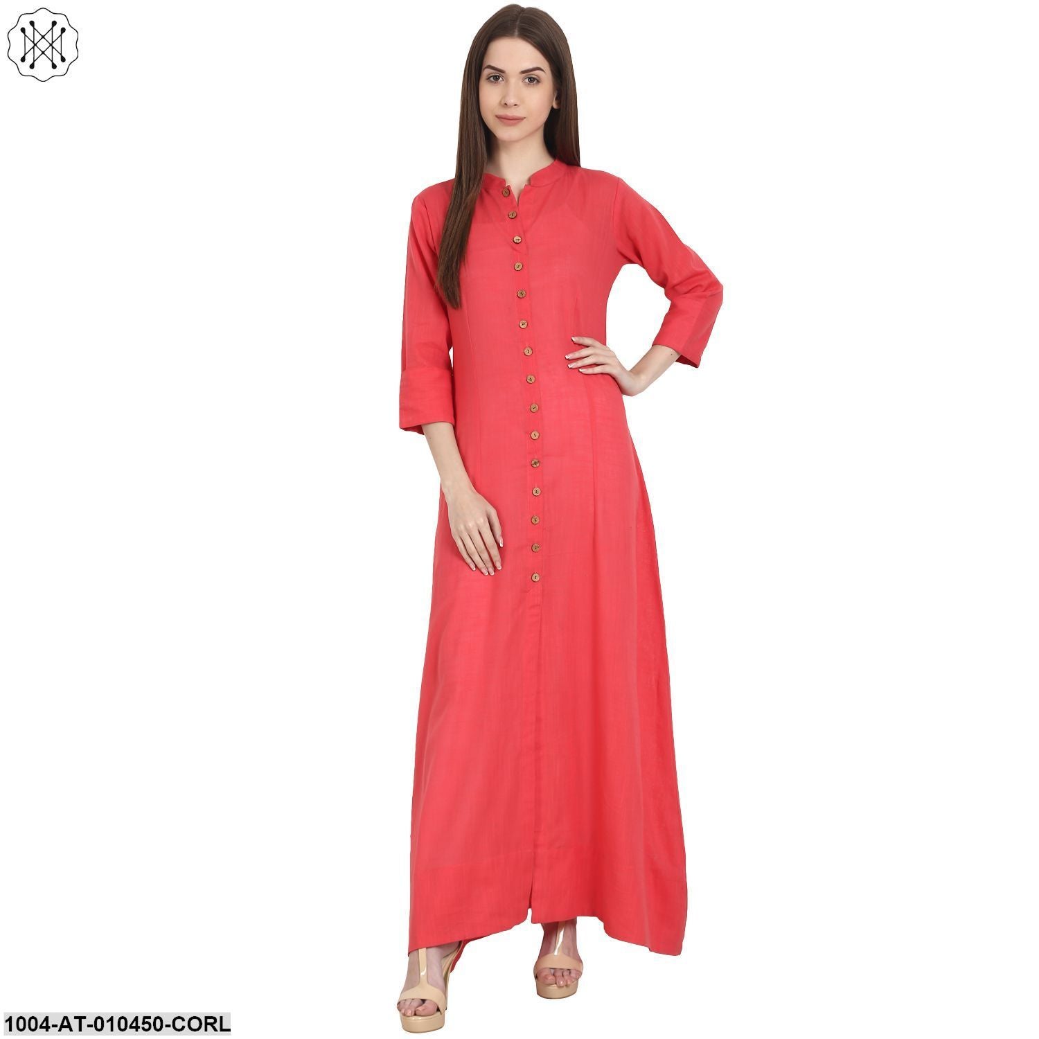 Women Solid Coral Three-Quarter Sleeves Mandarin Collar Cotton Straight Kurta - Image 3