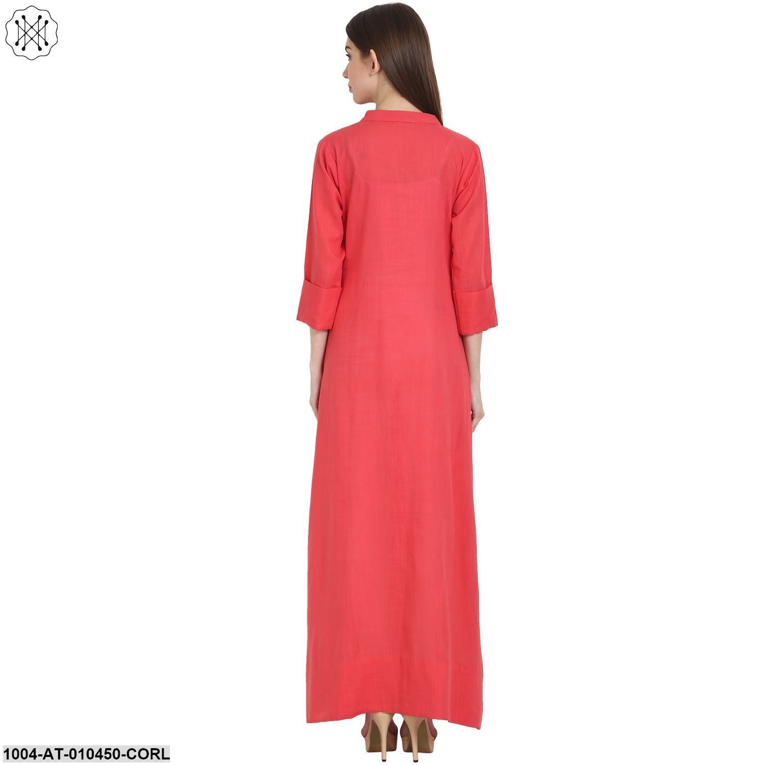 Women Solid Coral Three-Quarter Sleeves Mandarin Collar Cotton Straight Kurta - Image 2