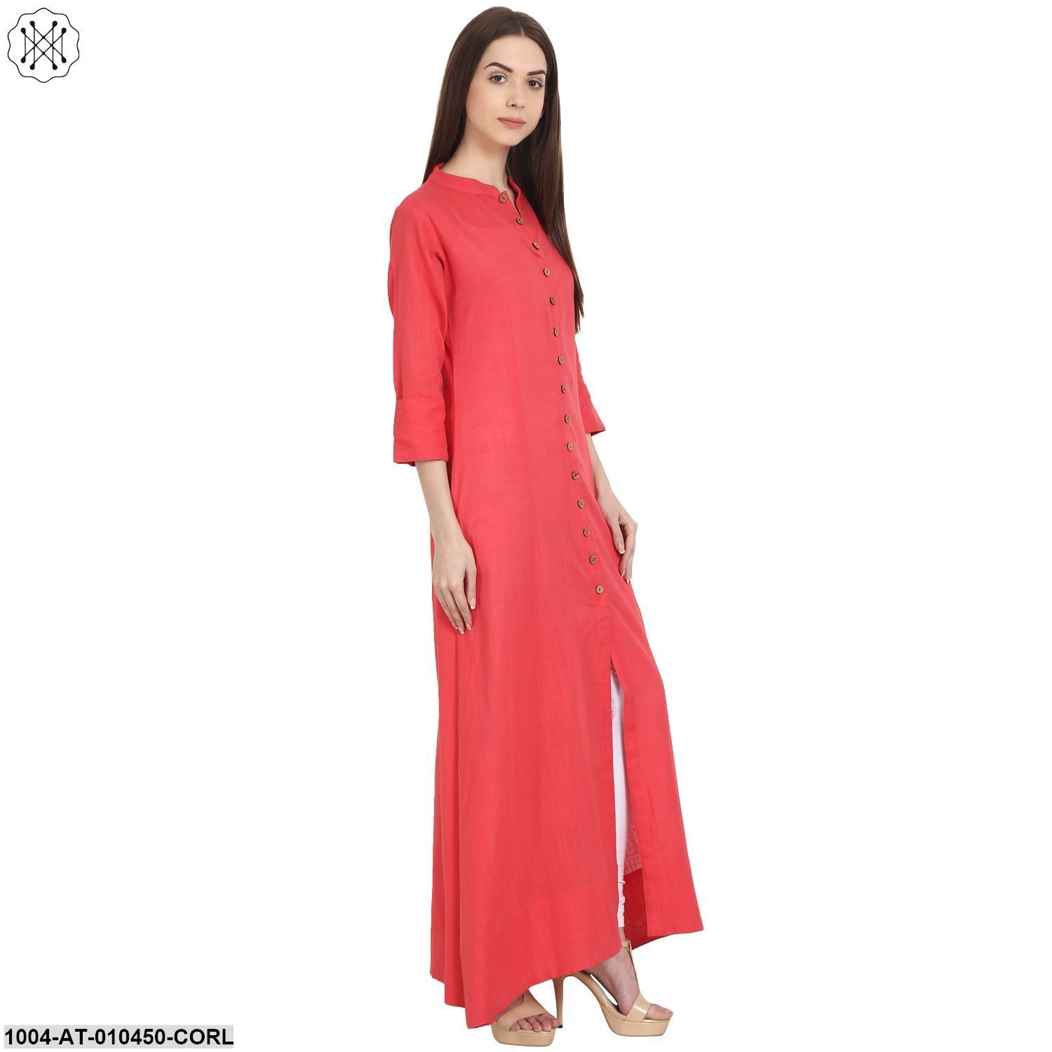 Women Solid Coral Three-Quarter Sleeves Mandarin Collar Cotton Straight Kurta - Image 4