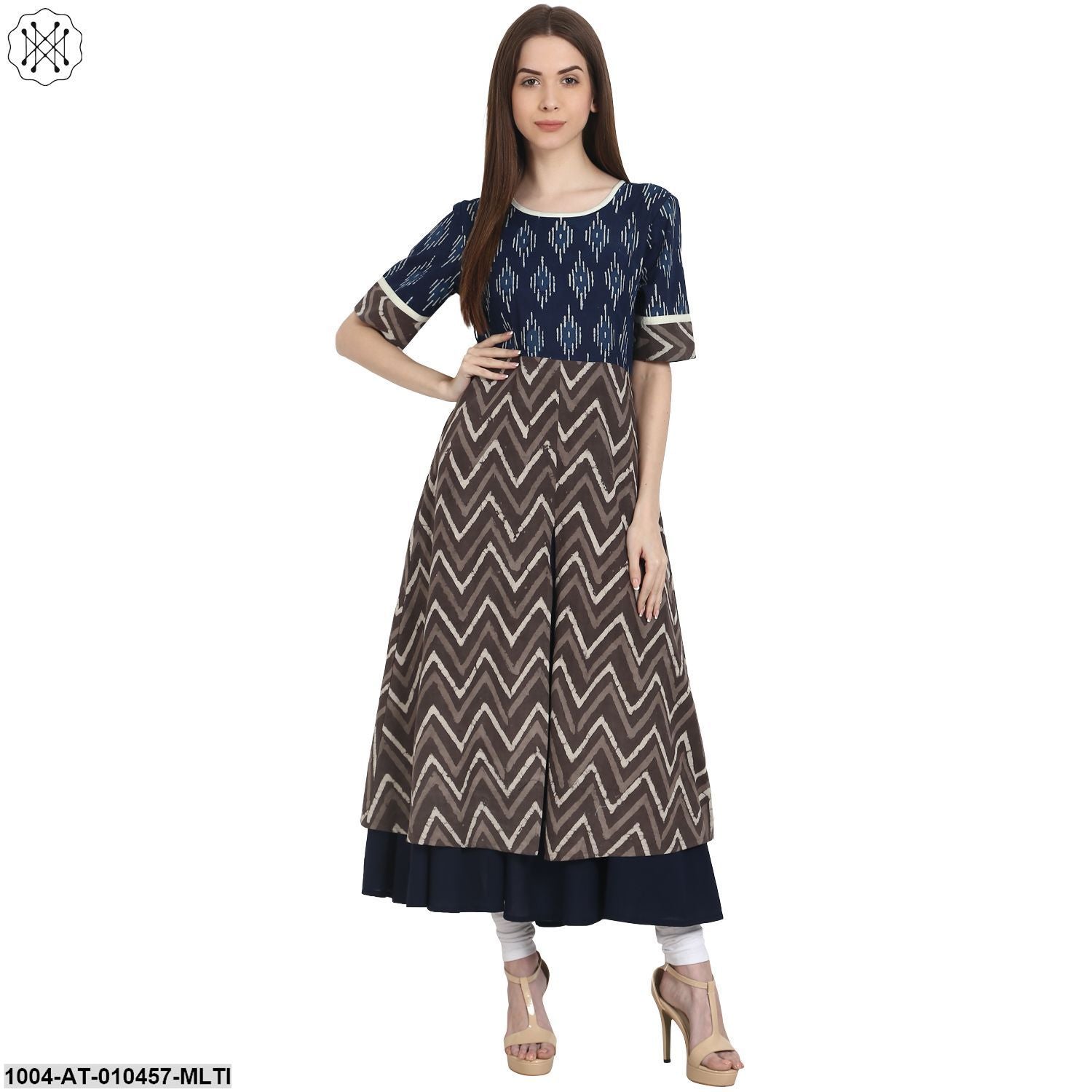 Women Printed Multi Short Sleeves Round Neck Cotton Anarkali Kurta - Image 3