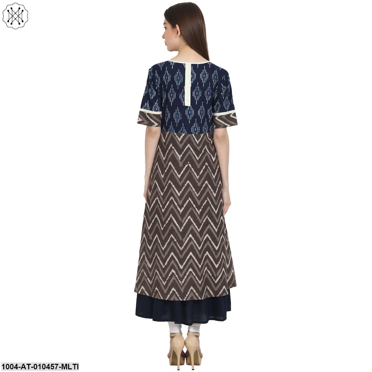 Women Printed Multi Short Sleeves Round Neck Cotton Anarkali Kurta - Image 2