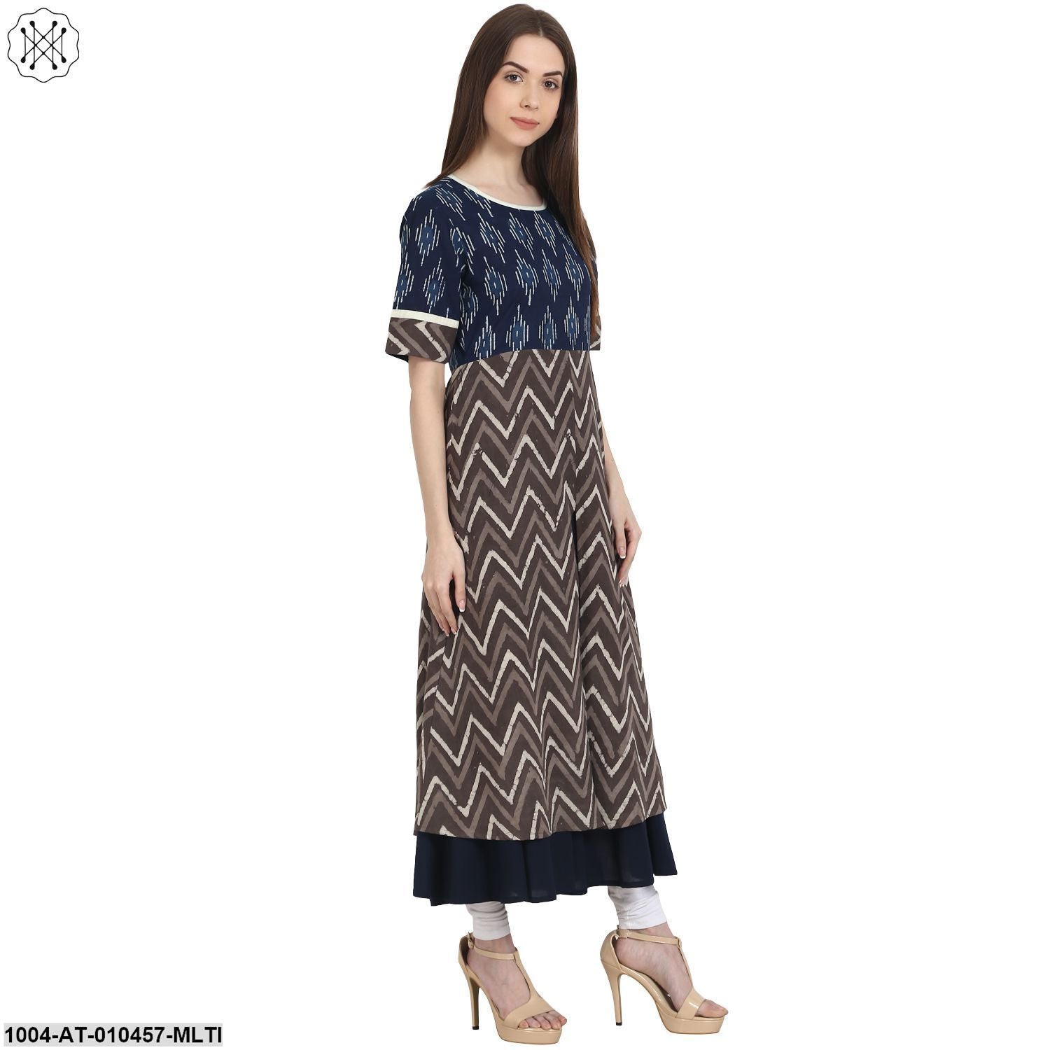 Women Printed Multi Short Sleeves Round Neck Cotton Anarkali Kurta - Image 4