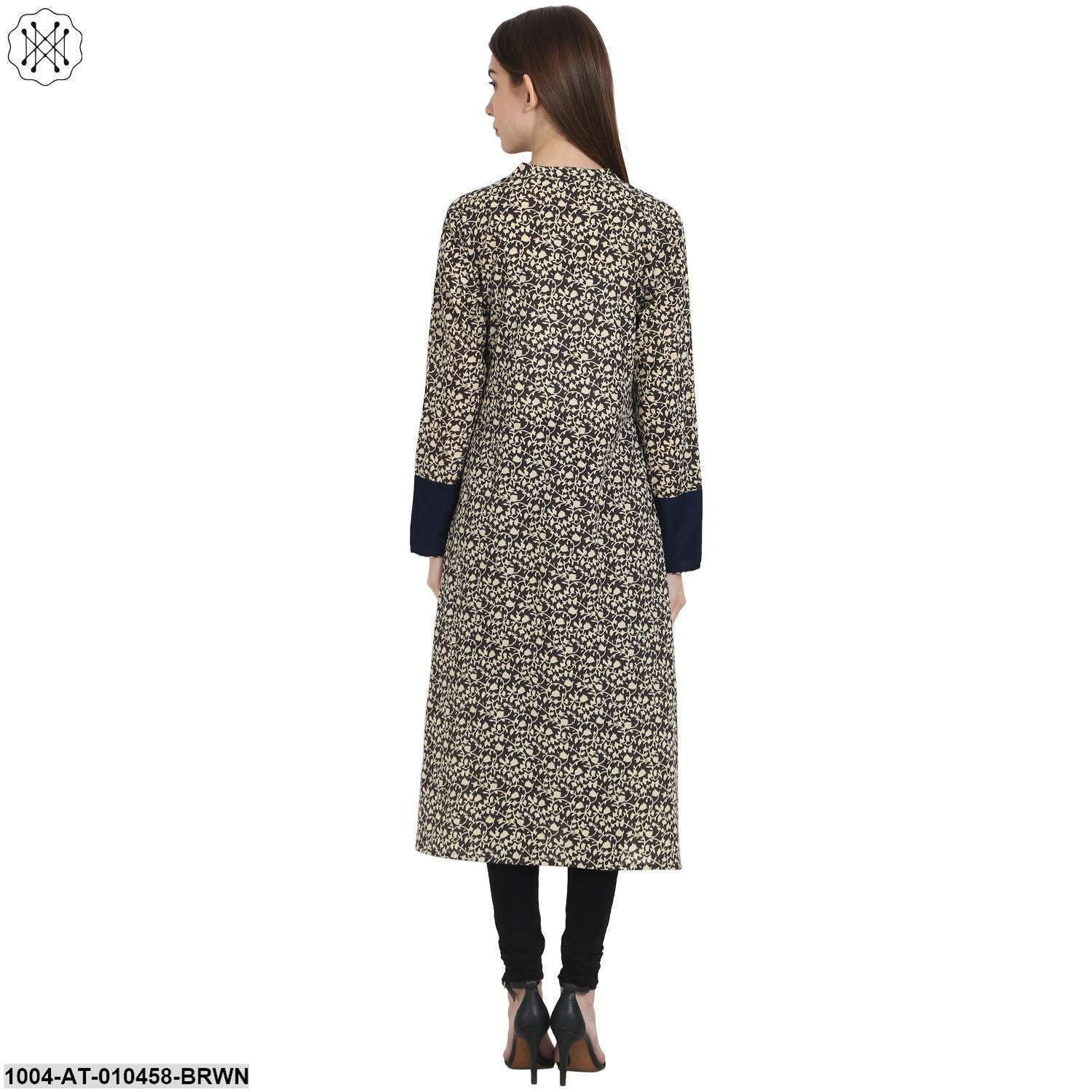 Women Printed Coffee Brown Long Sleeves Scoop Neck Rayon A-Line Kurta - Image 2