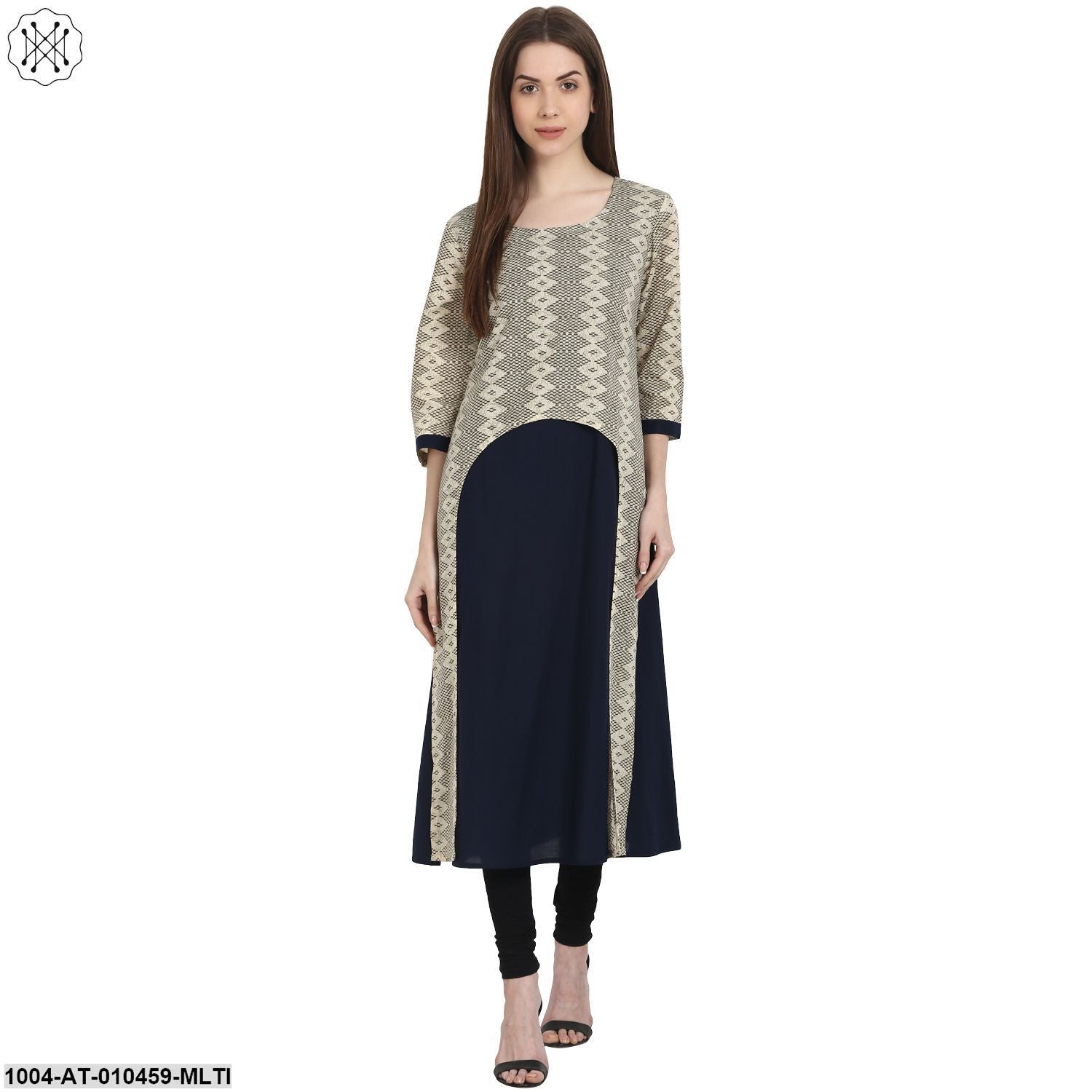 Women Printed Multi Three-Quarter Sleeves Scoop Neck Cotton Straight Kurta - Image 3