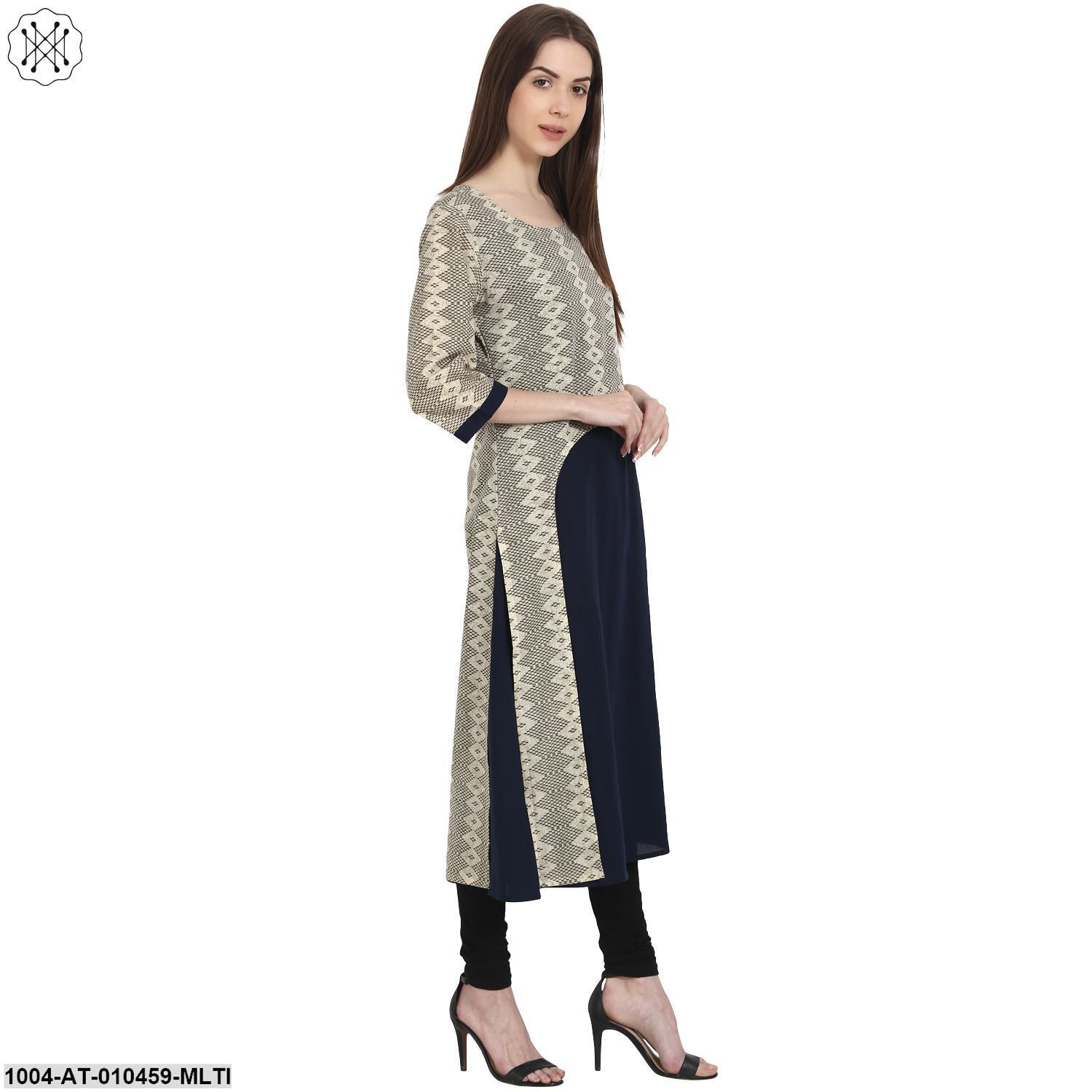 Women Printed Multi Three-Quarter Sleeves Scoop Neck Cotton Straight Kurta - Image 4