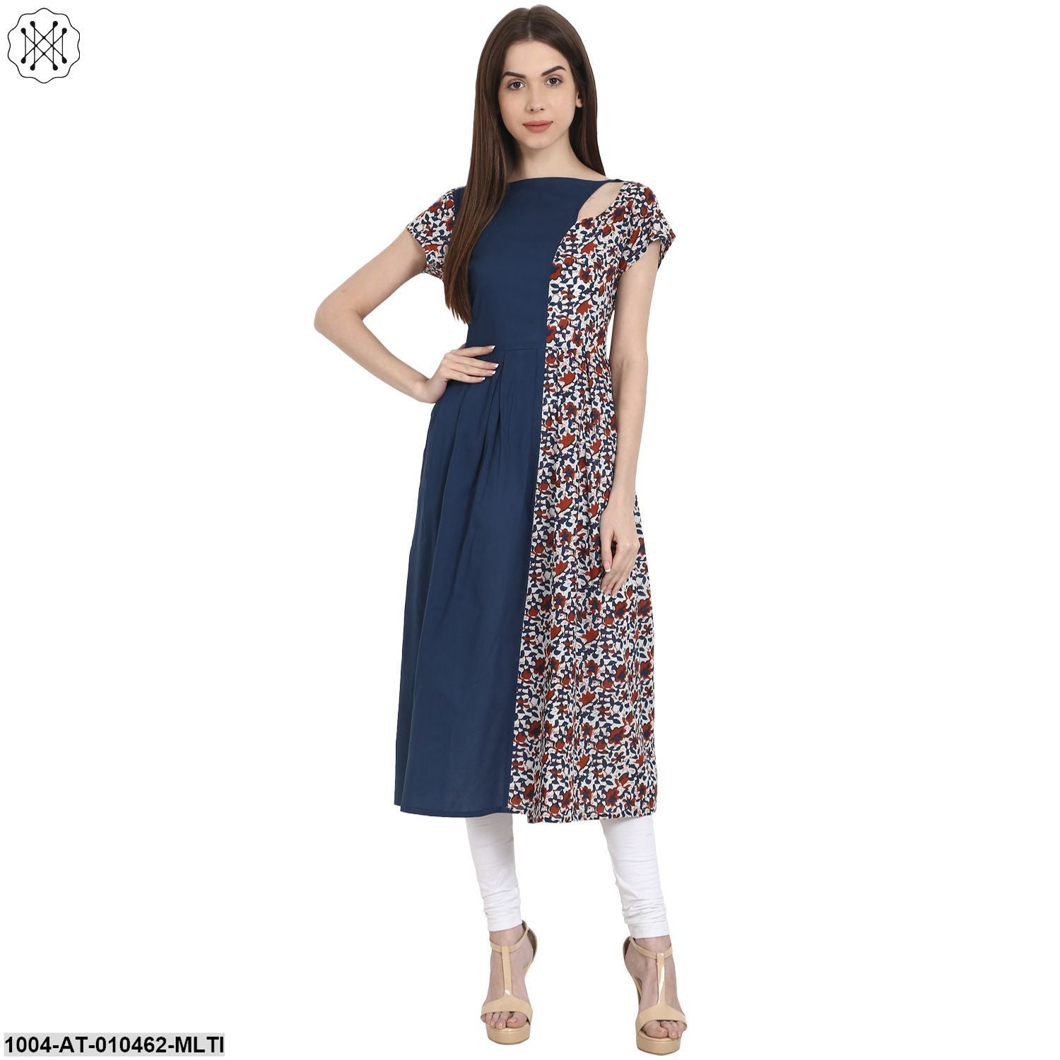 Women Printed Multi Sleeveless Boat Neck Cotton A-Line Kurta - Image 3