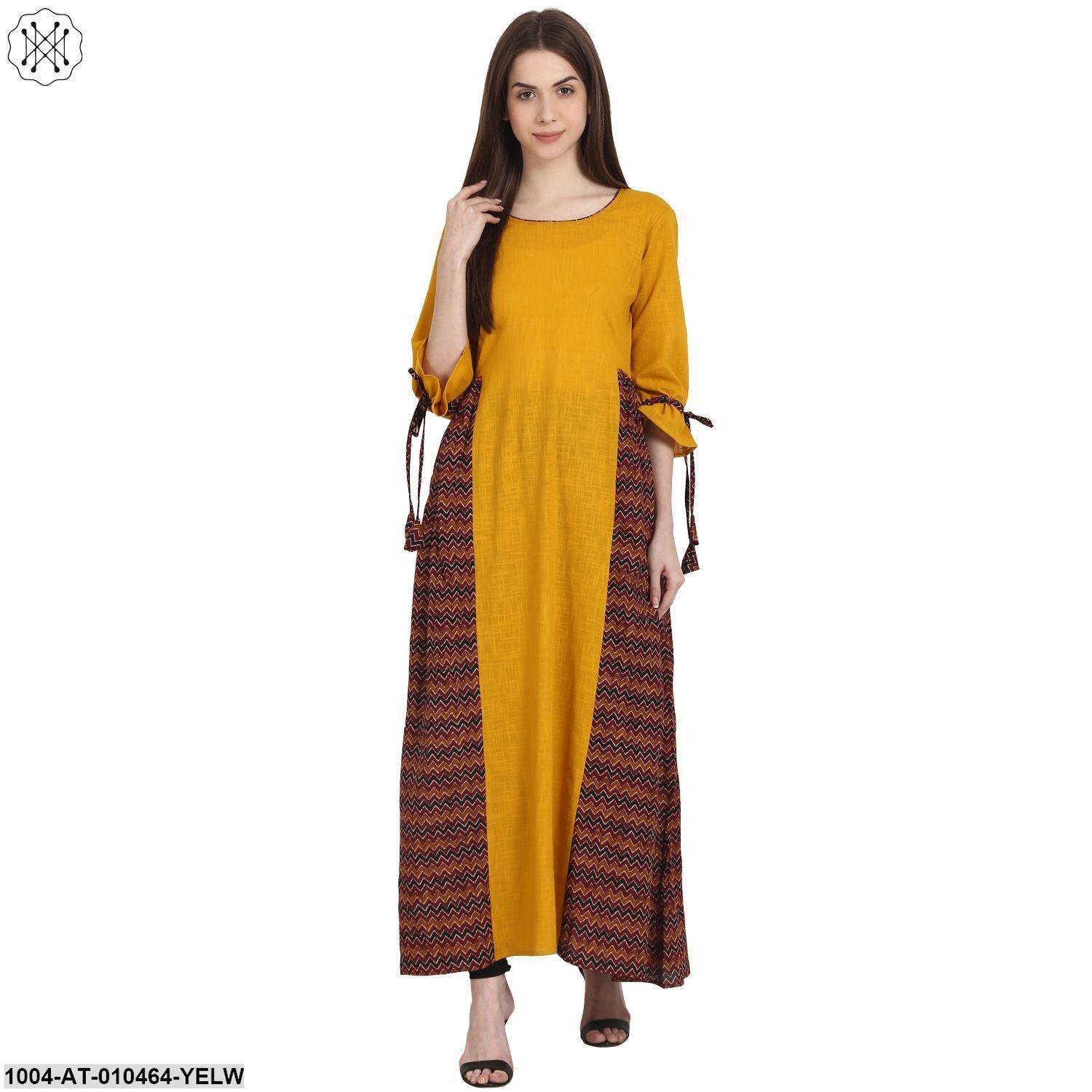 Women Printed Yellow Three-Quarter Sleeves Round Neck Cotton A-Line Kurta - Image 3