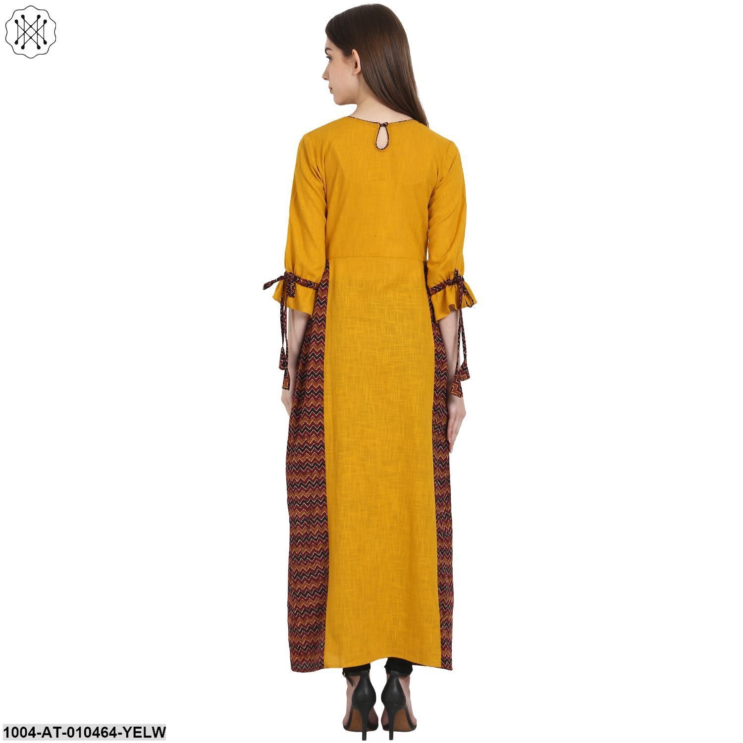 Women Printed Yellow Three-Quarter Sleeves Round Neck Cotton A-Line Kurta - Image 2