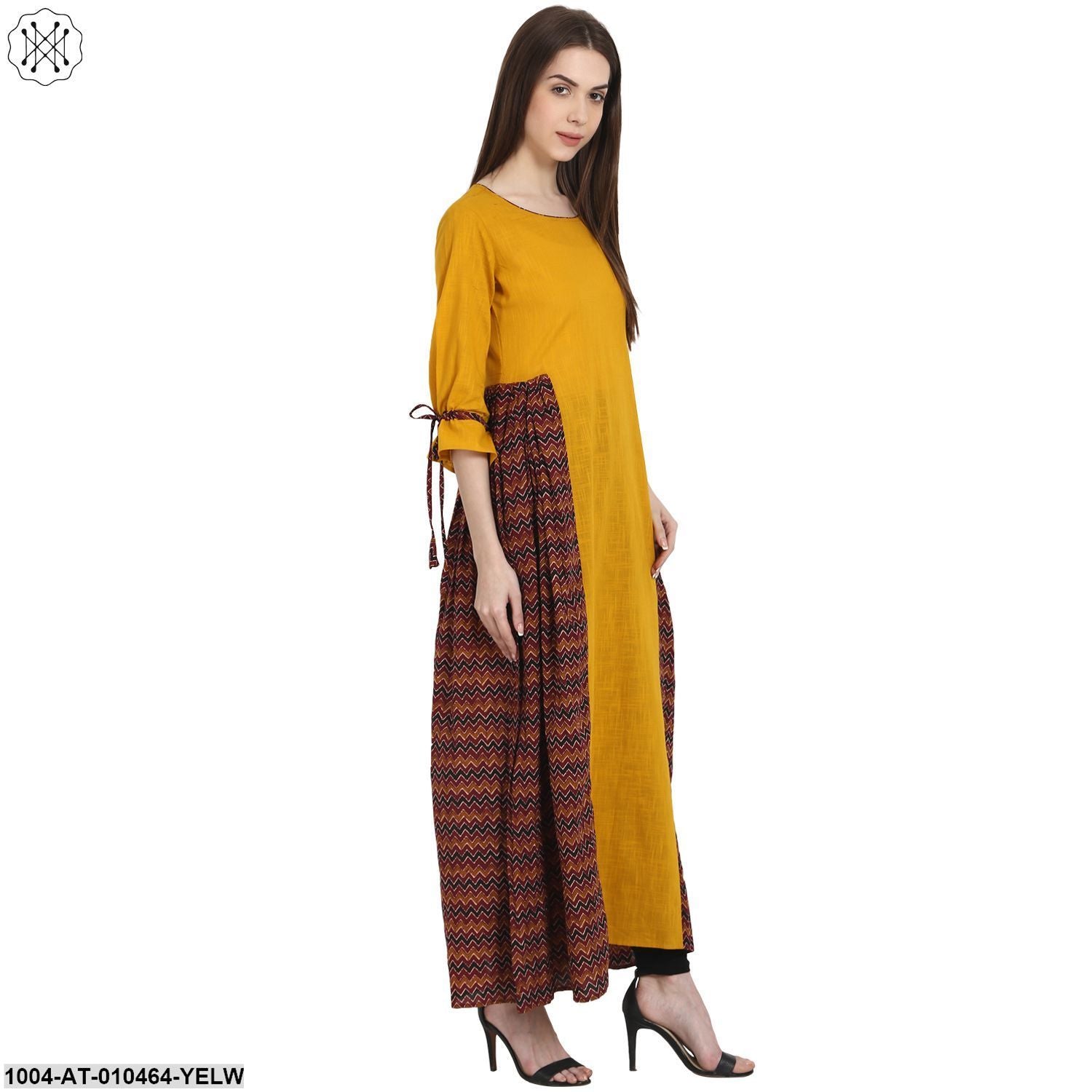 Women Printed Yellow Three-Quarter Sleeves Round Neck Cotton A-Line Kurta - Image 4