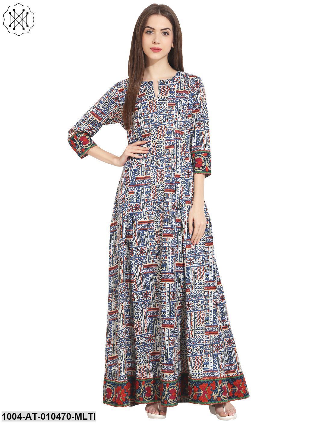 Women Printed Multi Three Quarter Sleeve Round Neck Cotton A-Line Kurta - Image 3