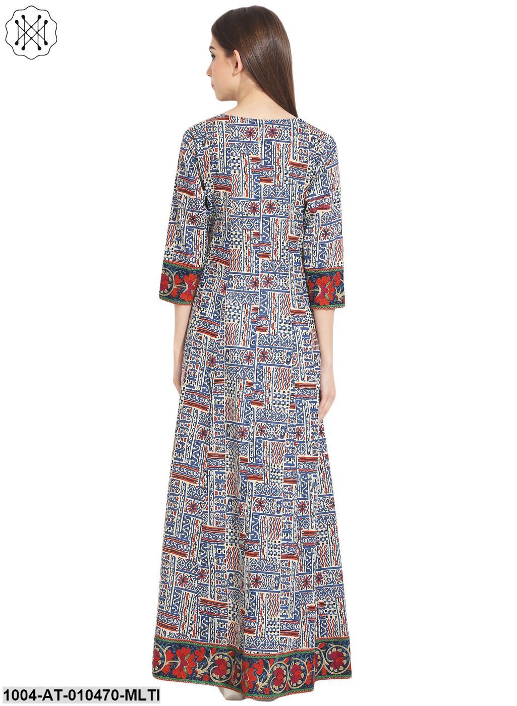 Women Printed Multi Three Quarter Sleeve Round Neck Cotton A-Line Kurta - Image 2