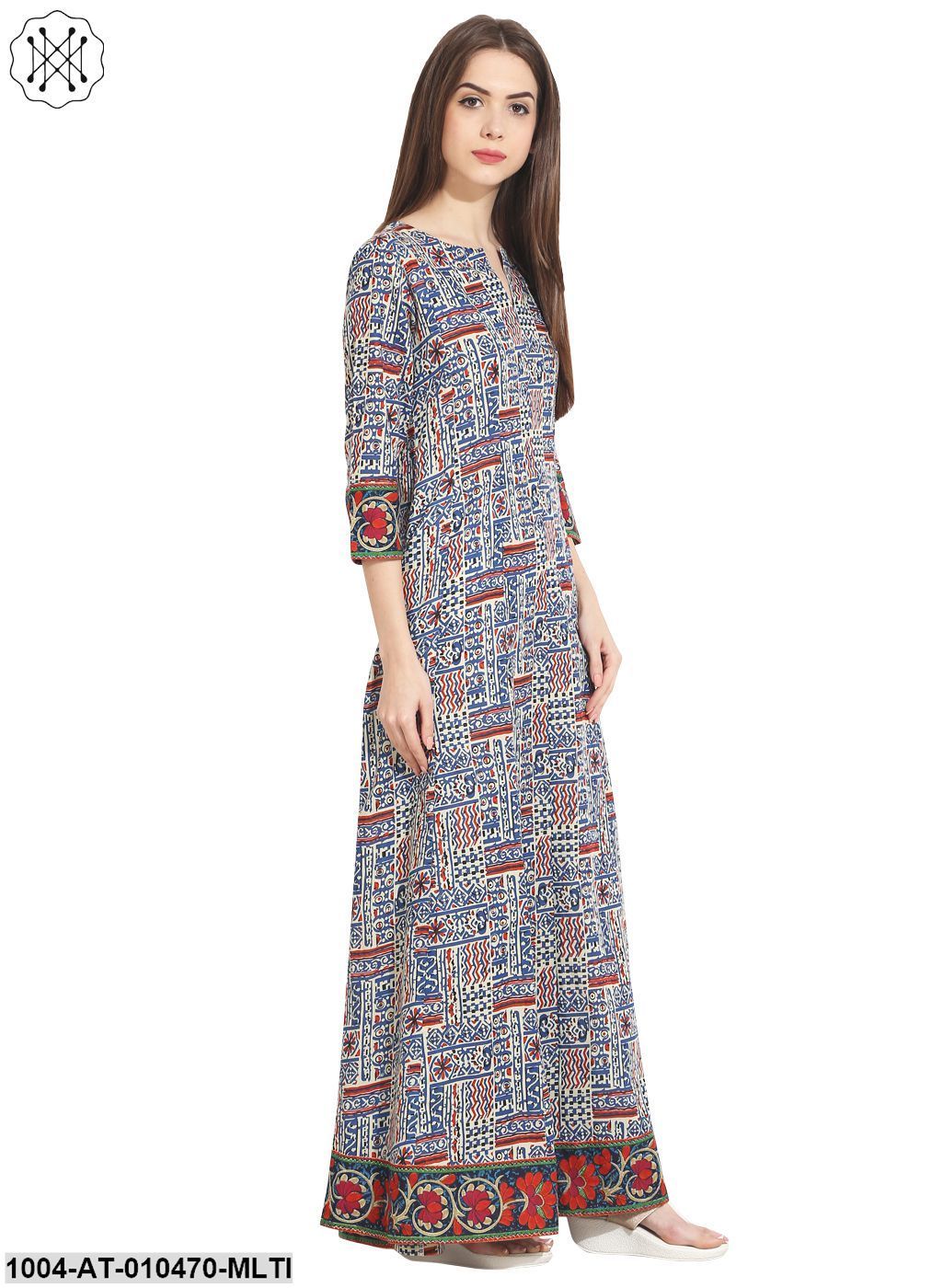 Women Printed Multi Three Quarter Sleeve Round Neck Cotton A-Line Kurta - Image 4
