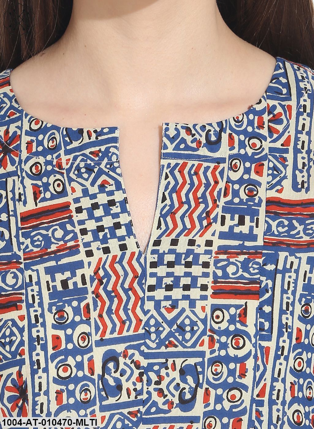 Women Printed Multi Three Quarter Sleeve Round Neck Cotton A-Line Kurta - Image 5
