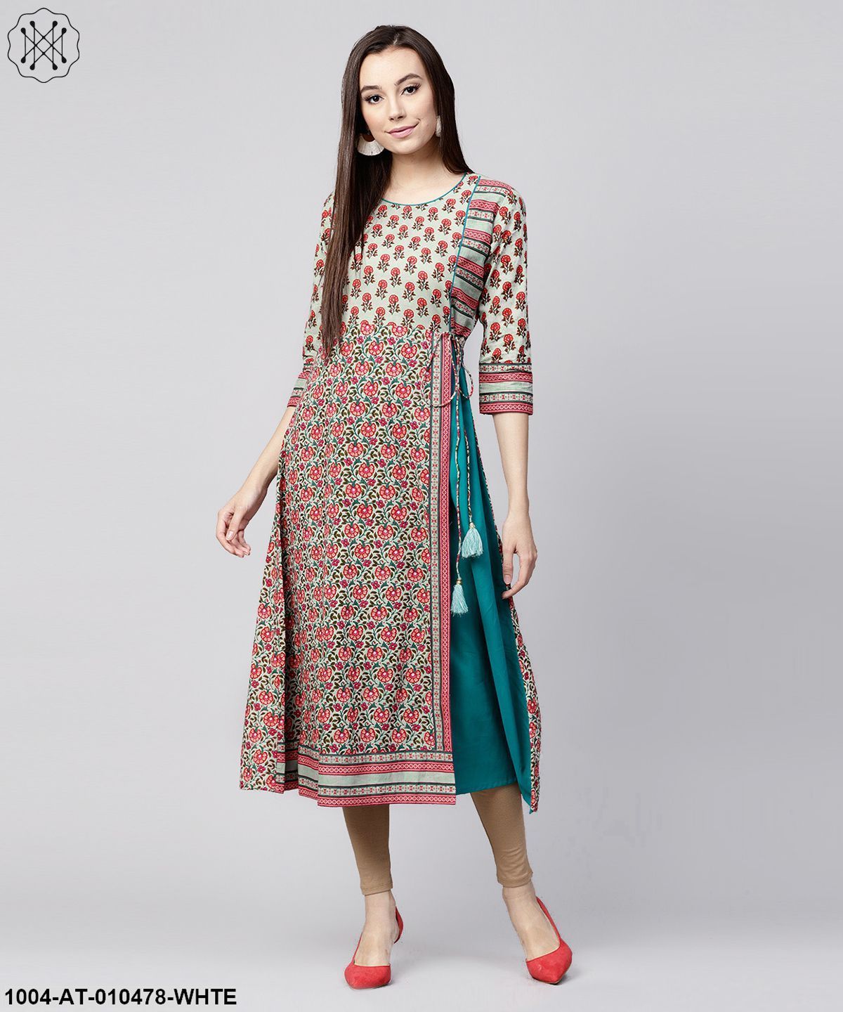 White Printed 3/4Th Sleeve Cotton Anarkali Kurta With Side Latkan - Image 3