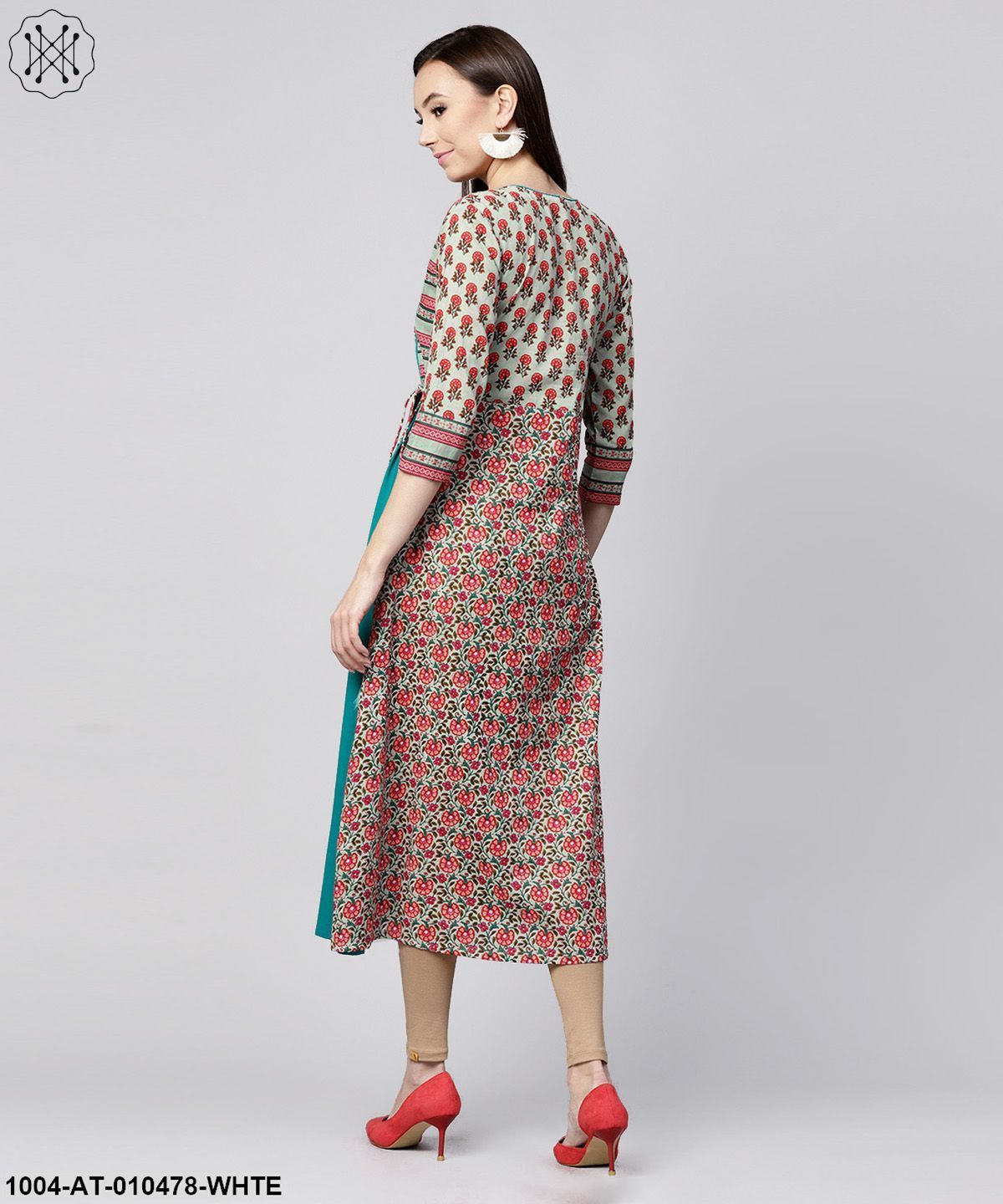 White Printed 3/4Th Sleeve Cotton Anarkali Kurta With Side Latkan - Image 2