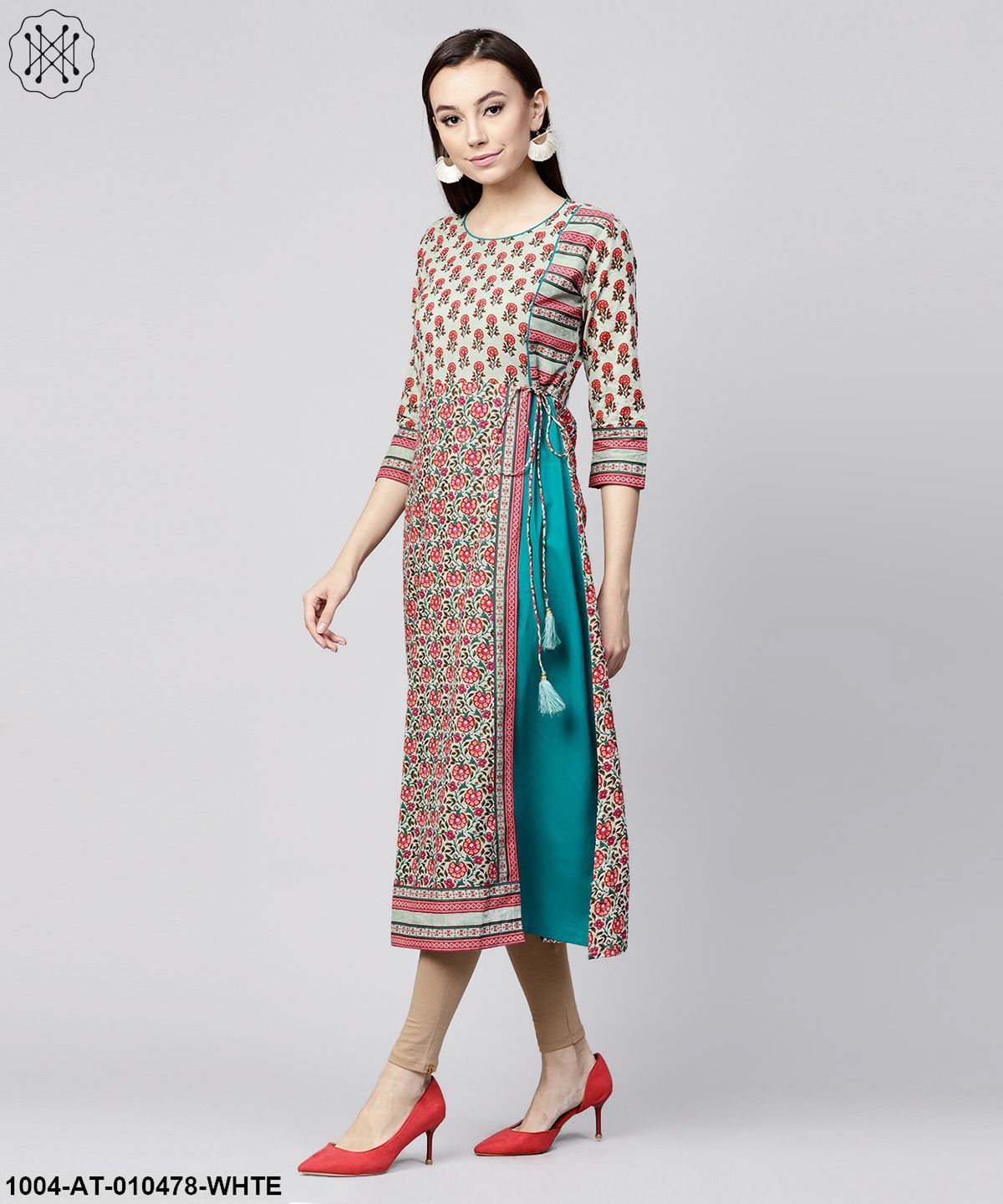 White Printed 3/4Th Sleeve Cotton Anarkali Kurta With Side Latkan - Image 4
