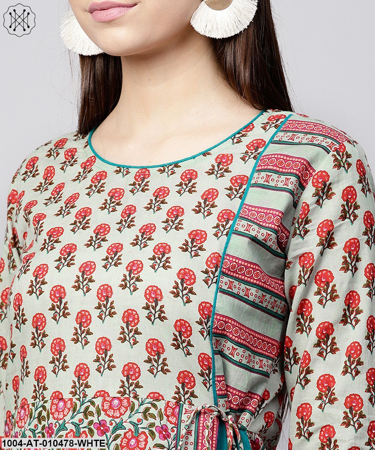 White Printed 3/4Th Sleeve Cotton Anarkali Kurta With Side Latkan - Image 5
