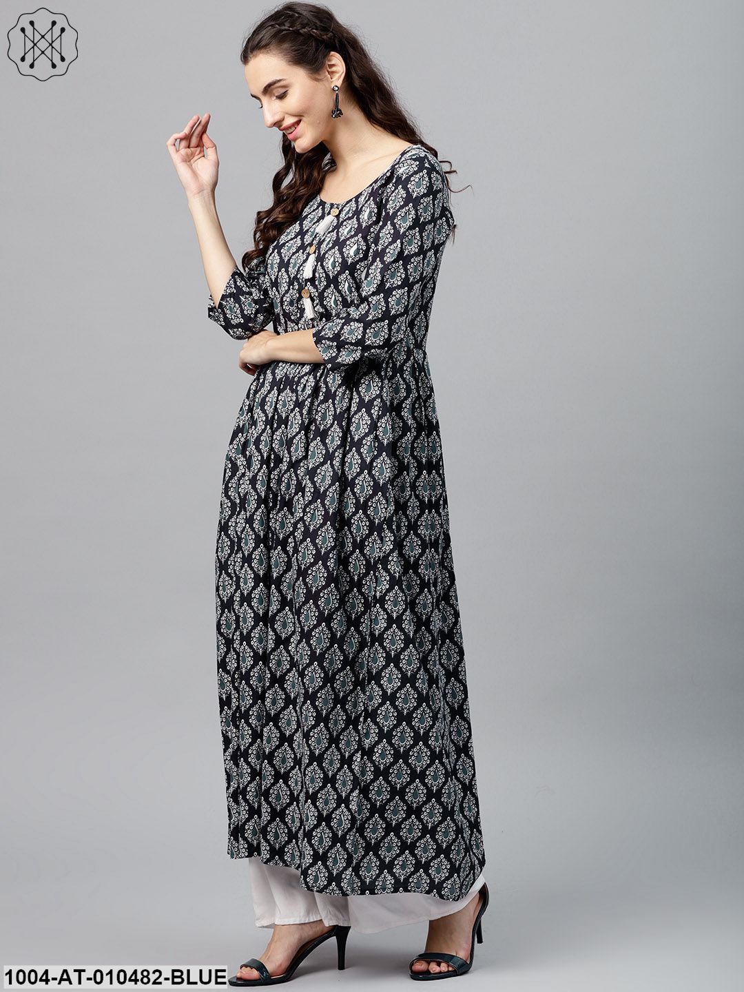 Round Neck Black & White Printed Maxi Dress With 3/4 Sleeves And Emblished With Tassels - Image 4