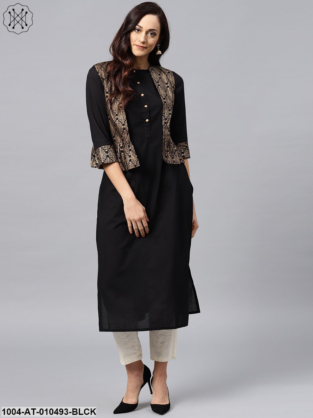 Black Kurta With Golden Short Detachable Jacket - Image 3