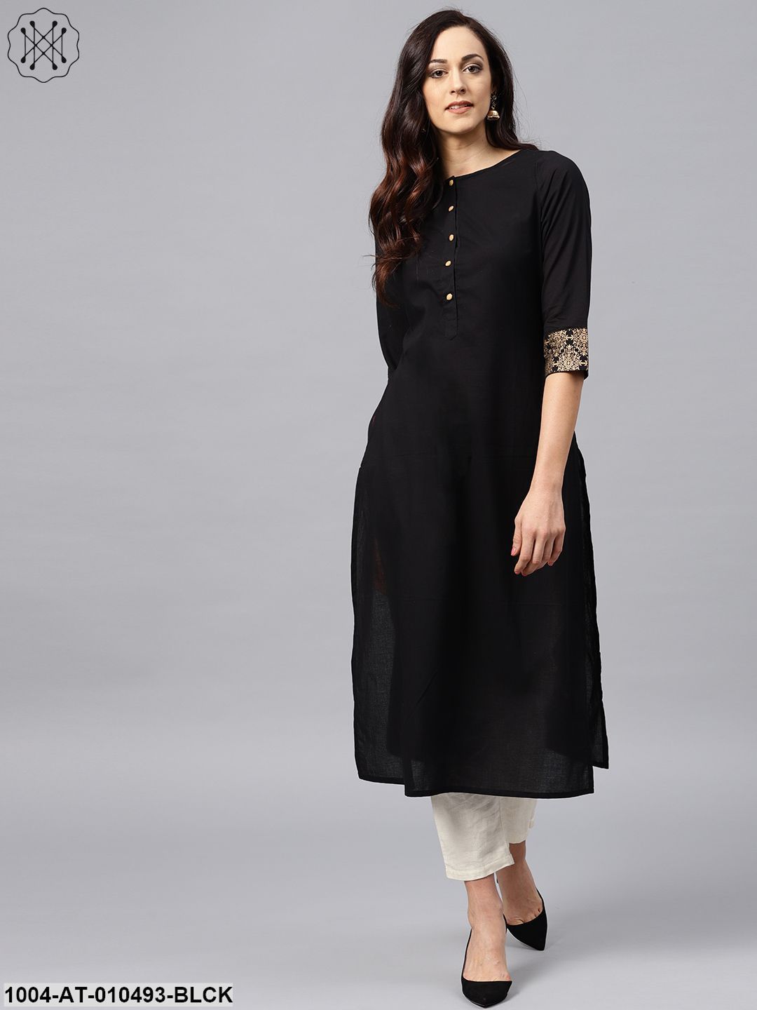 Black Kurta With Golden Short Detachable Jacket - Image 2