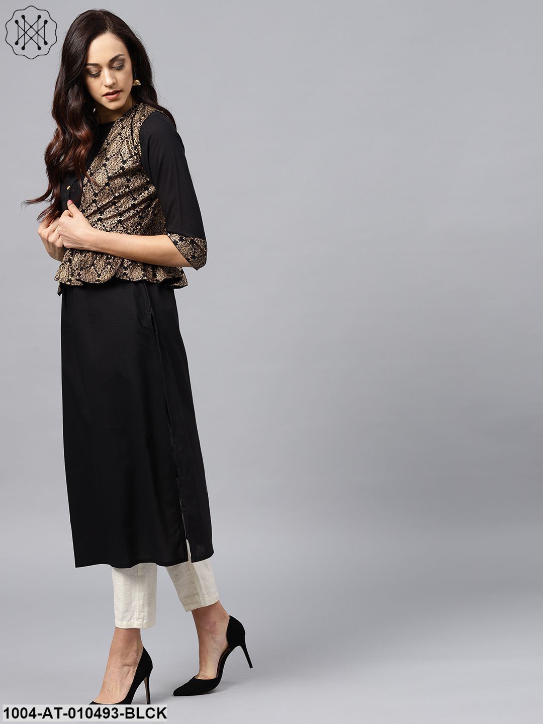 Black Kurta With Golden Short Detachable Jacket - Image 4