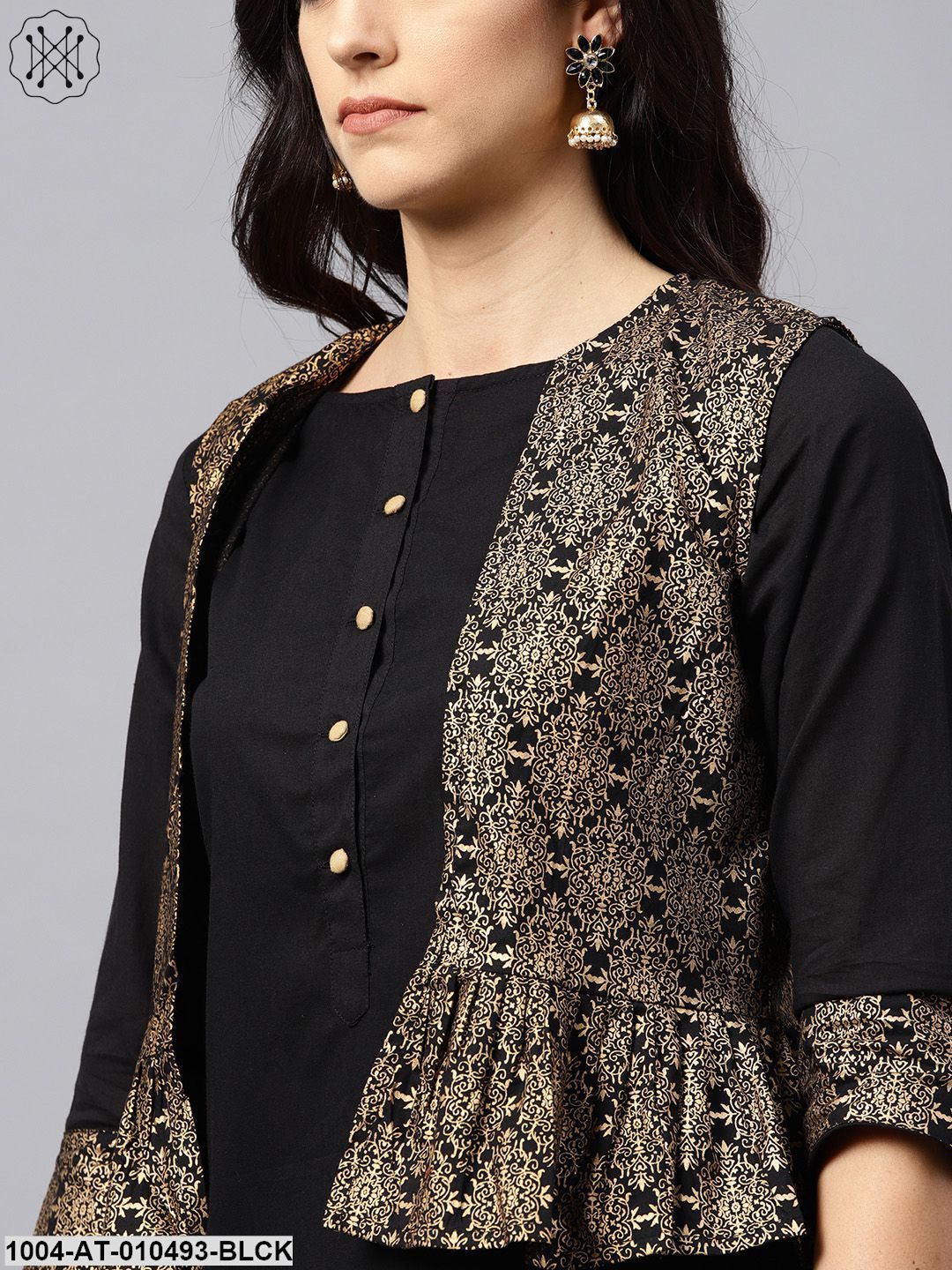 Black Kurta With Golden Short Detachable Jacket - Image 5