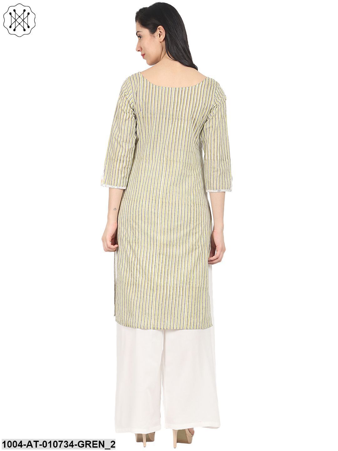 Green Striped 3/4Th Sleeve Cotton Kurta - Image 2