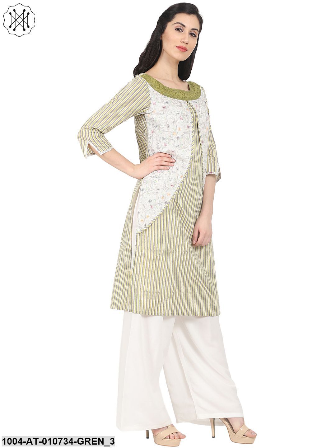 Green Striped 3/4Th Sleeve Cotton Kurta - Image 3