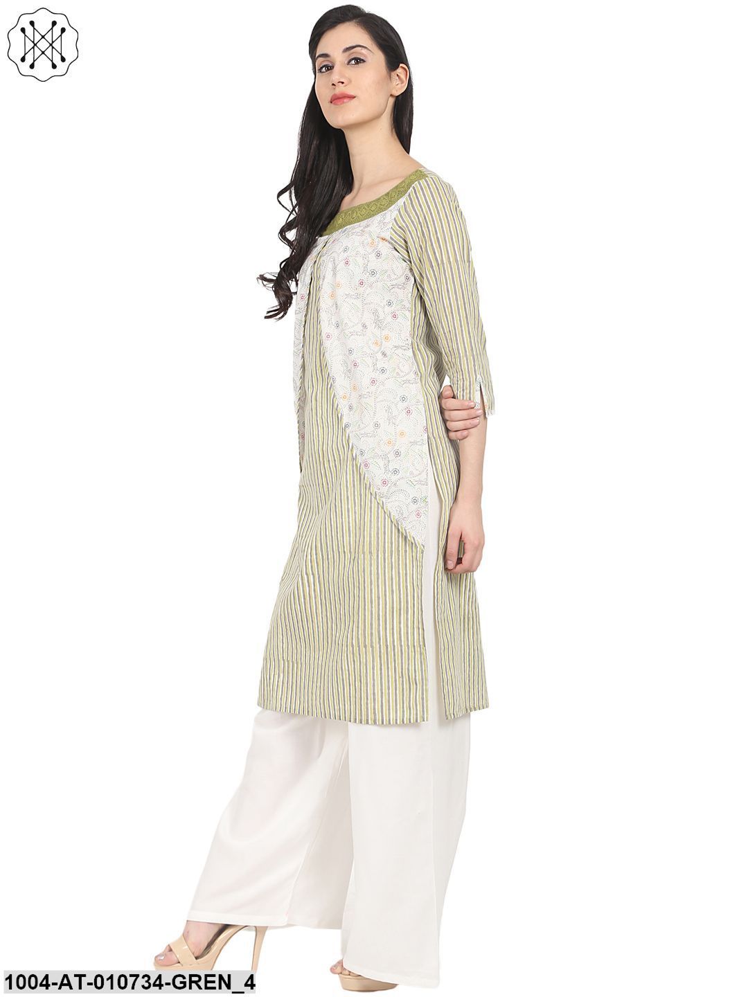 Green Striped 3/4Th Sleeve Cotton Kurta - Image 4