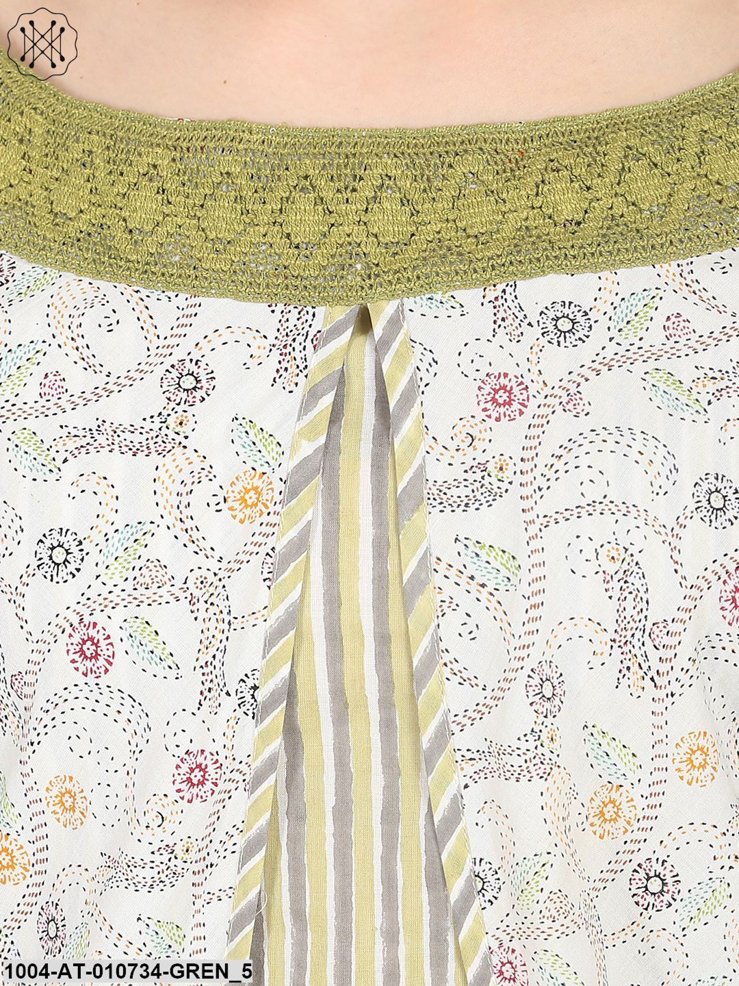 Green Striped 3/4Th Sleeve Cotton Kurta - Image 5