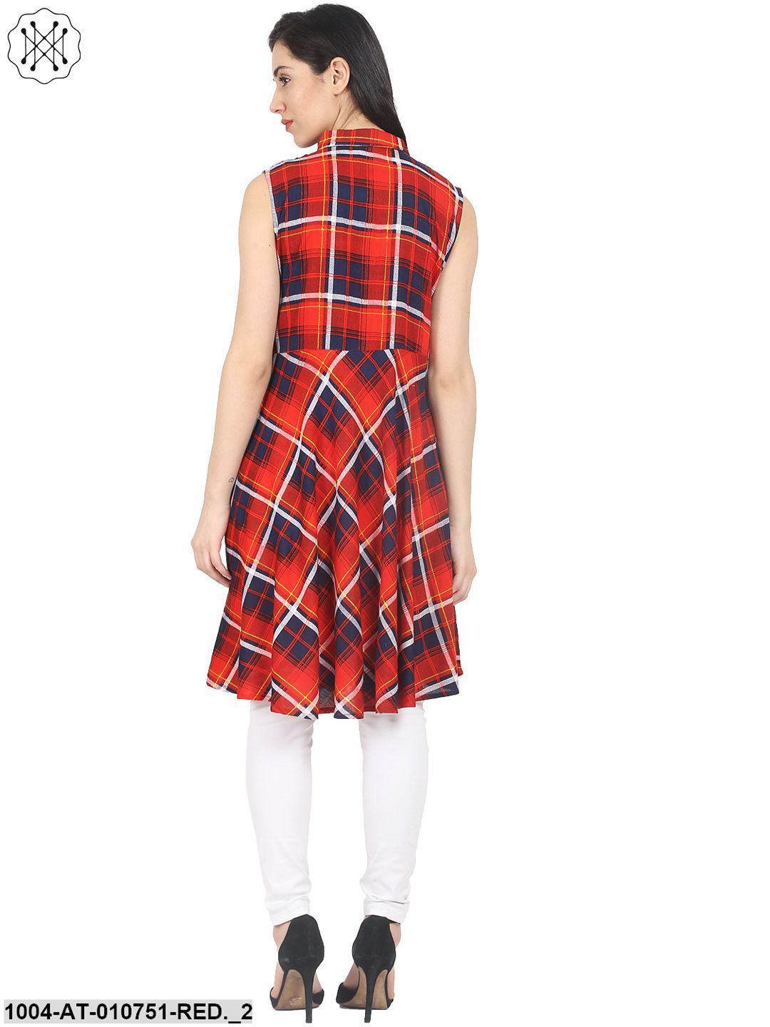 Red Check Sleeveless Cotton Croped Anarkali Kurta - Image 2