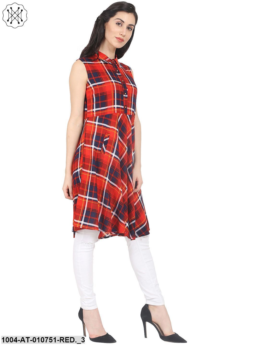 Red Check Sleeveless Cotton Croped Anarkali Kurta - Image 3