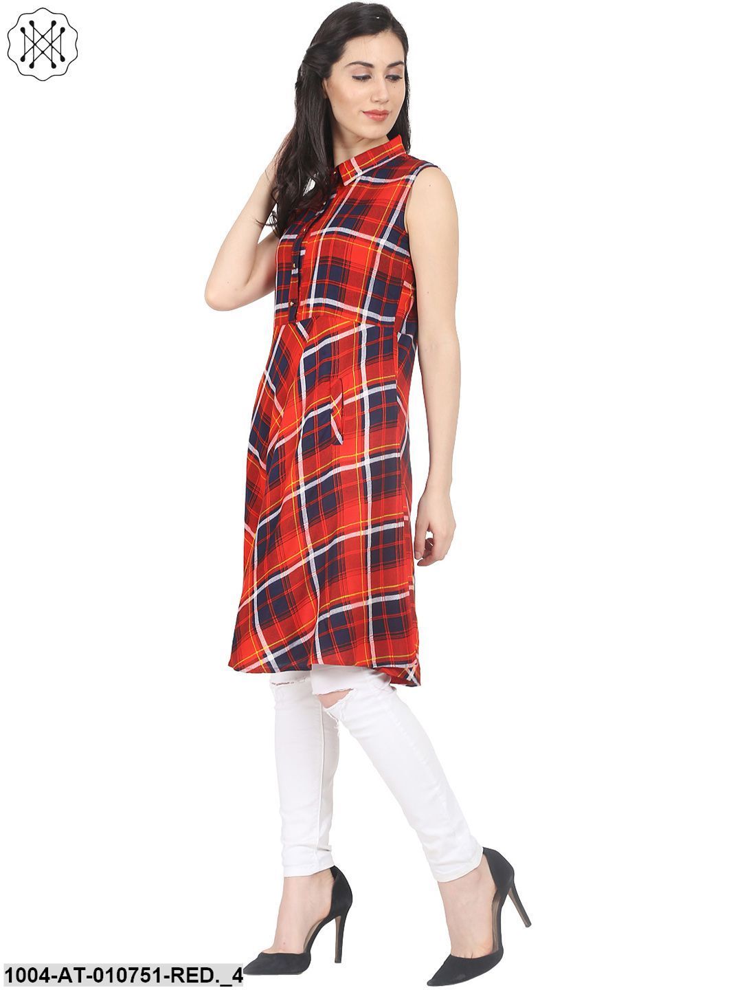 Red Check Sleeveless Cotton Croped Anarkali Kurta - Image 4