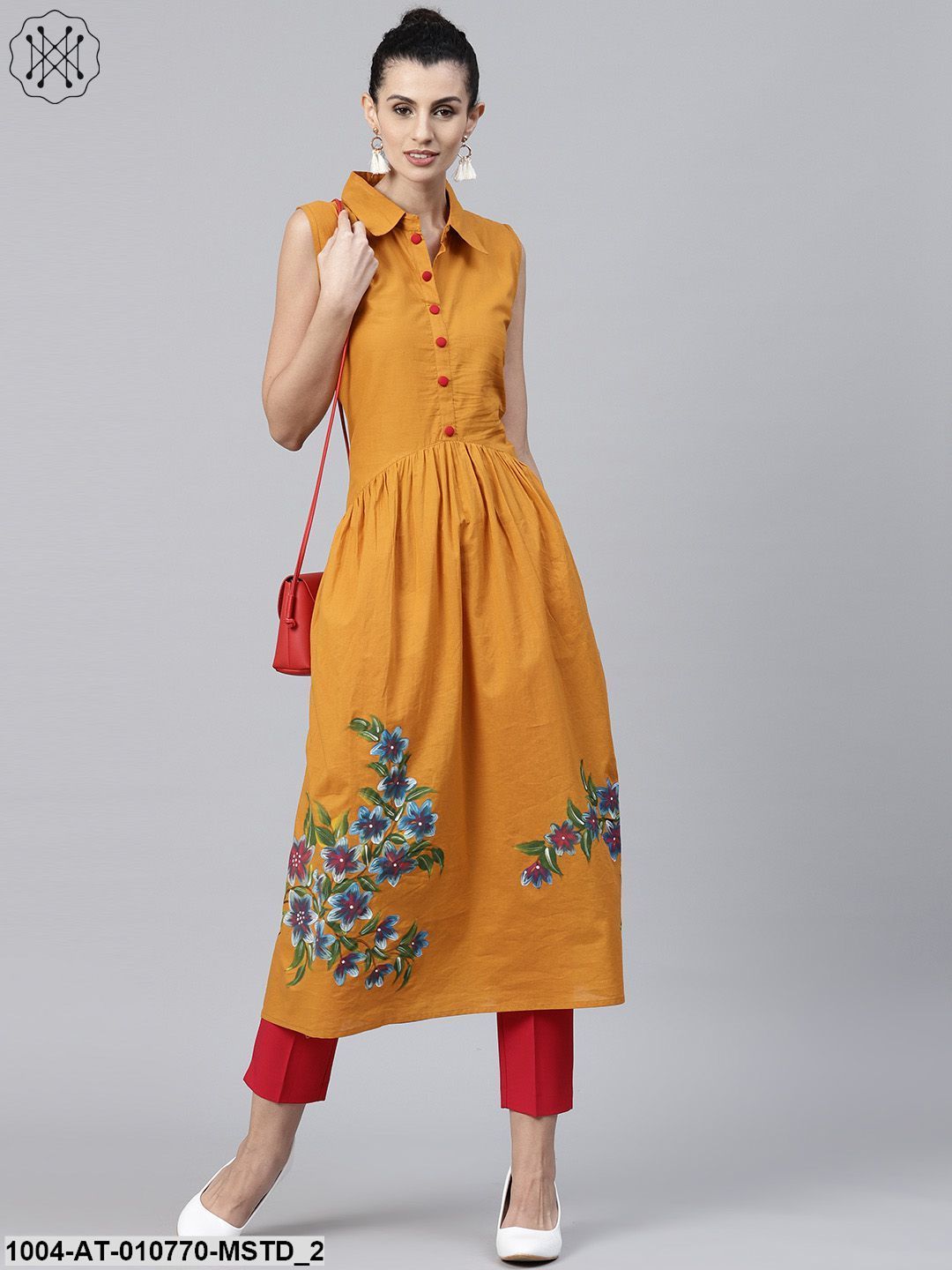 Mustard Block Printed Sleeveless Cotton Anarkali Kurta - Image 2